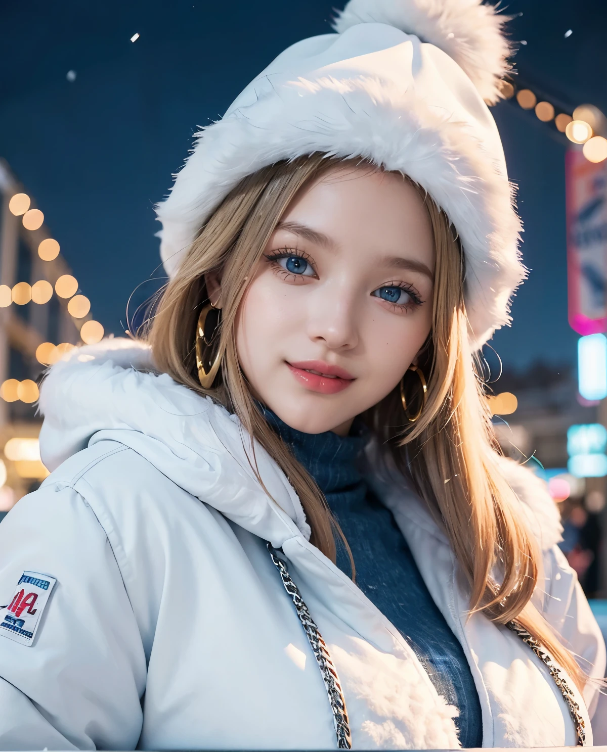 1girl, (Blue Eyes), (smiling :1.2), (closed white furry jacket :1.3), (beautiful makeup :1.2), (Sana Minatozaki), wide hips, big tits, big ass, (Best Quality, 8k, Masterpiece: 1.3), Clear Focus: 1.2, Perfect Body Beauty: 1.4, Highly detailed face and skin texture, detailed eyes, double eyelids, red lips, (blond long hair), close-up at face :1.3, jeans, golden earrings, winter hat, portrait, standing, dynamic pose, at a fair at night, snowy night, colored lights, roller coaster in the background, out of focus background