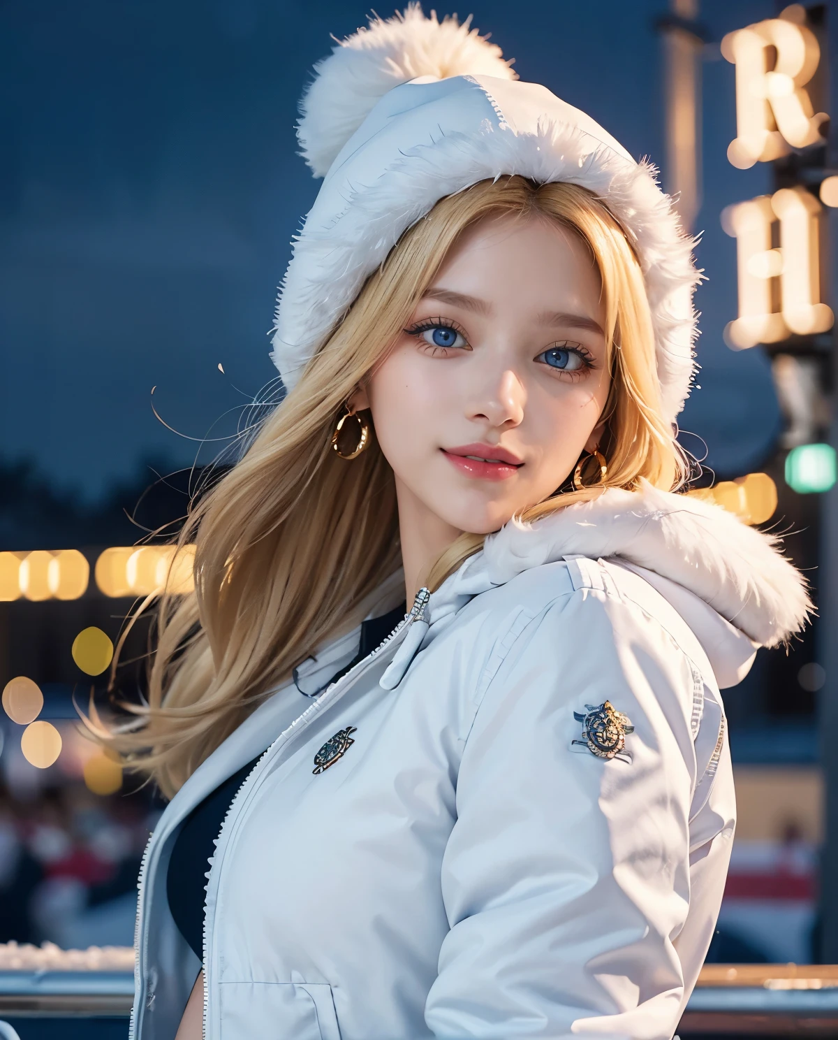 1girl, (Blue Eyes), (smiling :1.2), (closed white furry jacket :1.3), (beautiful makeup :1.2), (Sana Minatozaki), wide hips, big tits, big ass, (Best Quality, 8k, Masterpiece: 1.3), Clear Focus: 1.2, Perfect Body Beauty: 1.4, Highly detailed face and skin texture, detailed eyes, double eyelids, red lips, (blond long hair), close-up at face :1.3, jeans, golden earrings, winter hat, portrait, standing, dynamic pose, at a fair at night, snowy night, colored lights, roller coaster in the background, out of focus background