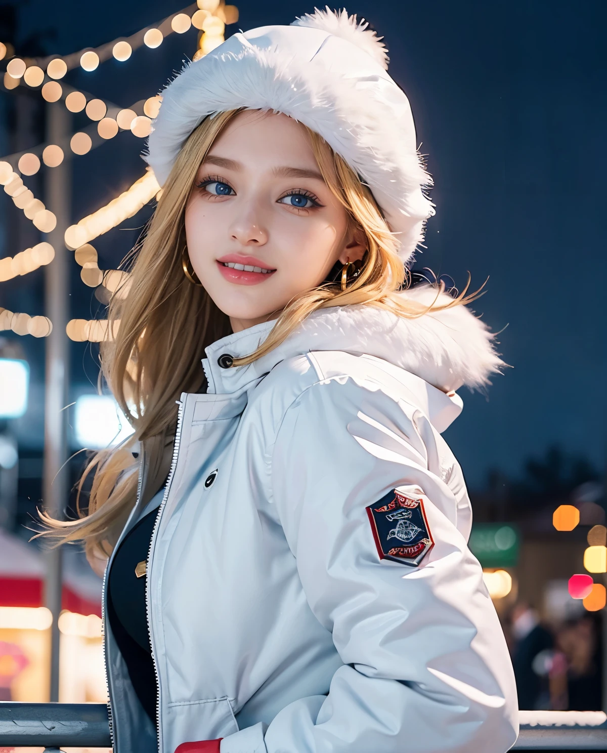 1girl, (Blue Eyes), (smiling :1.2), (closed white furry jacket :1.3), (beautiful makeup :1.2), (Sana Minatozaki), wide hips, big tits, big ass, (Best Quality, 8k, Masterpiece: 1.3), Clear Focus: 1.2, Perfect Body Beauty: 1.4, Highly detailed face and skin texture, detailed eyes, double eyelids, red lips, (blond long hair), close-up at face :1.3, jeans, golden earrings, winter hat, portrait, standing, dynamic pose, at a fair at night, snowy night, colored lights, roller coaster in the background, out of focus background