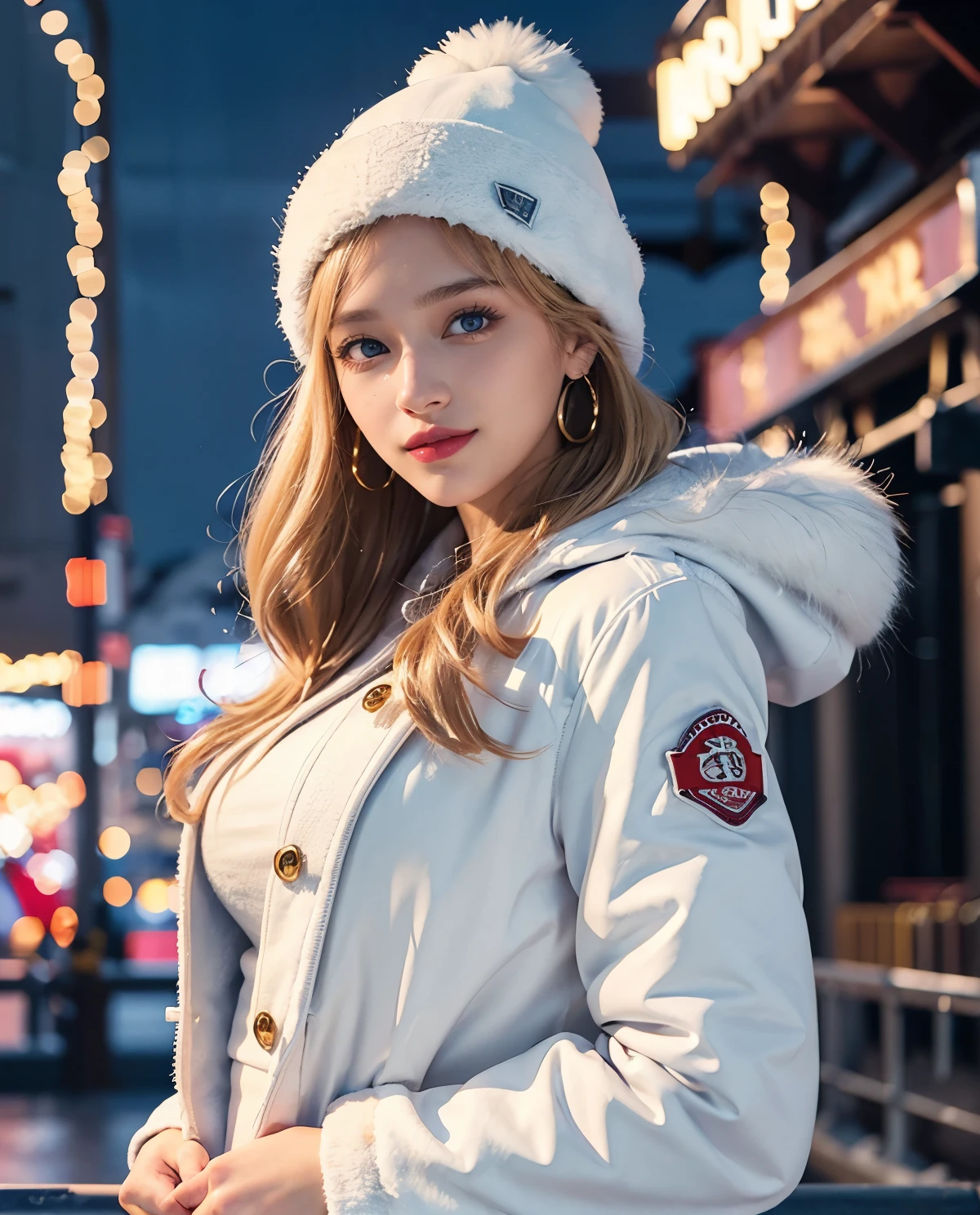 1girl, (Blue Eyes), (smiling :1.2), (closed white furry jacket :1.3), (beautiful makeup :1.2), (Sana Minatozaki), wide hips, big tits, big ass, (Best Quality, 8k, Masterpiece: 1.3), Clear Focus: 1.2, Perfect Body Beauty: 1.4, Highly detailed face and skin texture, detailed eyes, double eyelids, red lips, (blond long hair), close-up at face :1.3, jeans, golden earrings, winter hat, portrait, standing, dynamic pose, at a fair at night, snowy night, colored lights, roller coaster in the background, out of focus background