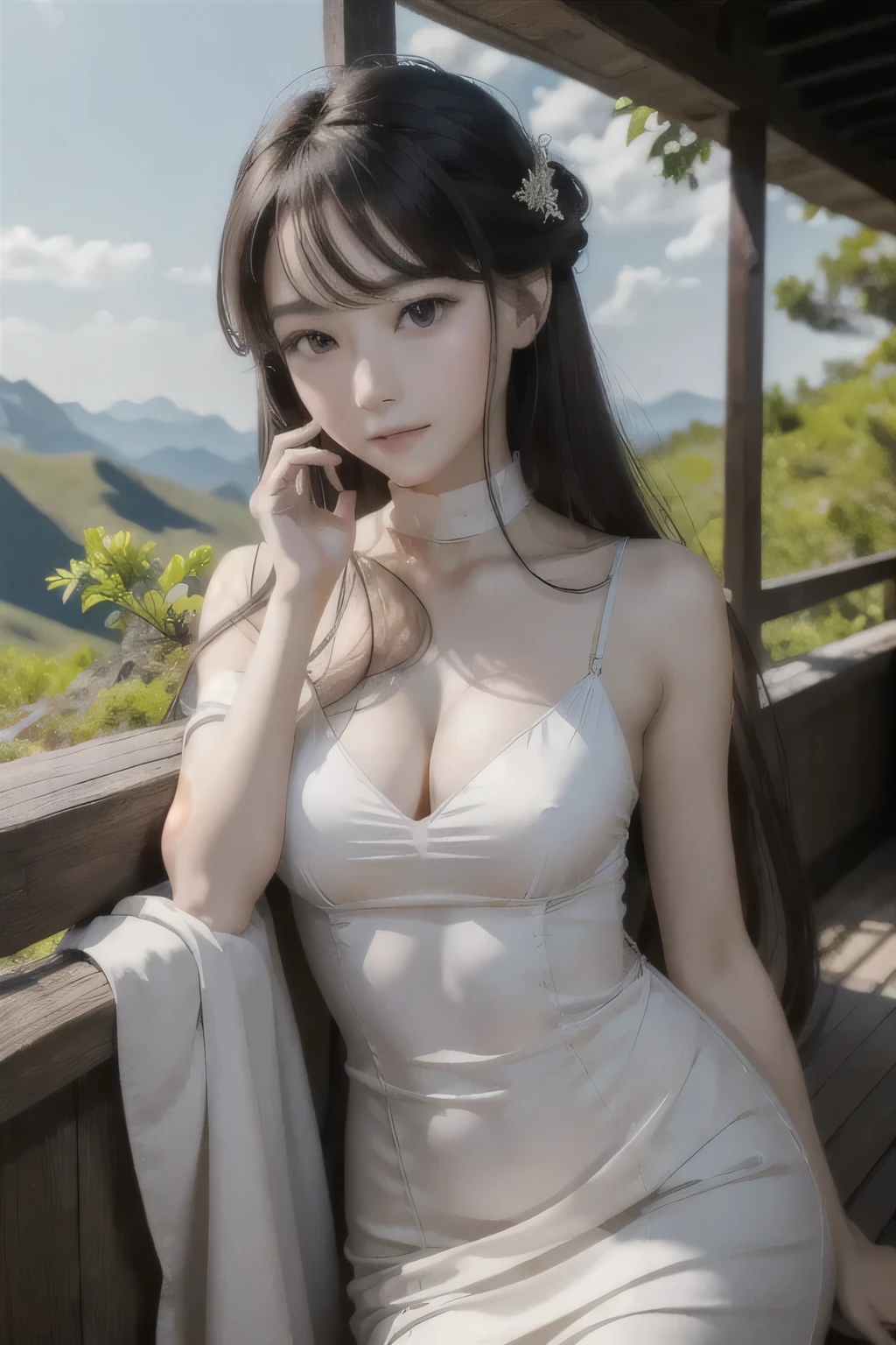8k、High resolution、Beautiful woman of primitive times、young、white skin,、narrow eyes,high nose,lighting that illuminates the face、clear image、intellectual beauty、skinny、no makeup、The expression you show to your lover,shining hair、single eyelid,、vivid pose、looking at camera、relax on vacation、first inhabited country、Primeval forest、Hunting life、