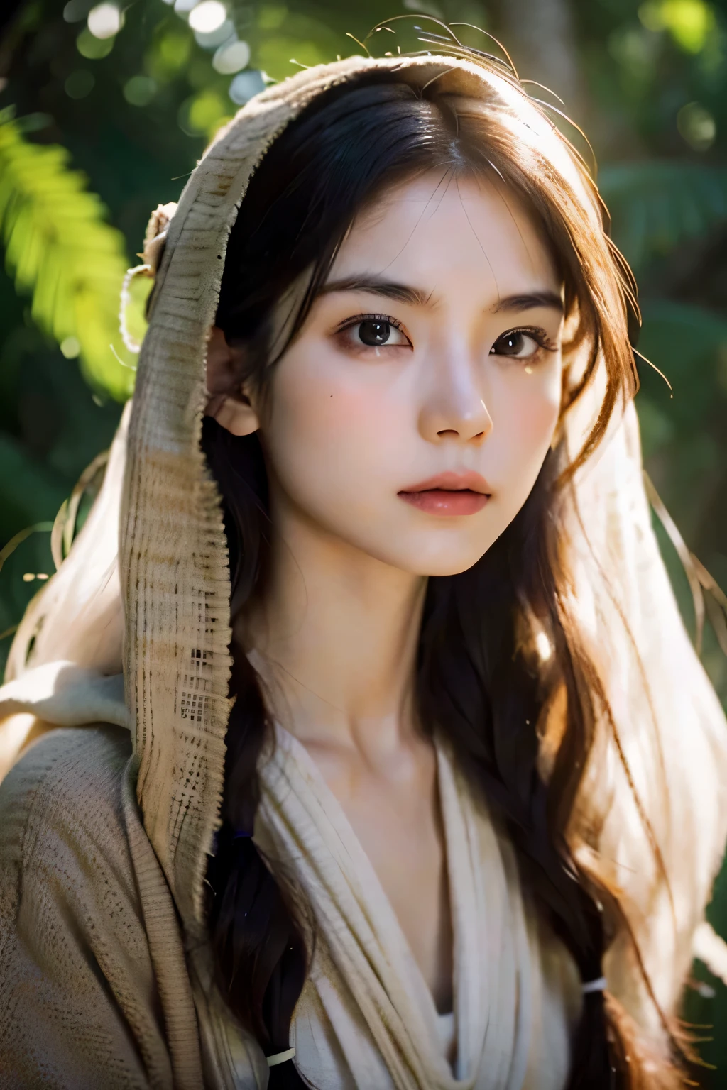 ８ｋ、High resolution、Beautiful woman of primitive times、young、white skin,、narrow eyes,high nose,lighting that illuminates the face、clear image、intellectual beauty、skinny、no makeup、The expression you show to your lover,shining hair、single eyelid,、vivid pose、looking at camera、relax on vacation、first inhabited country、Primeval forest、Hunting life、