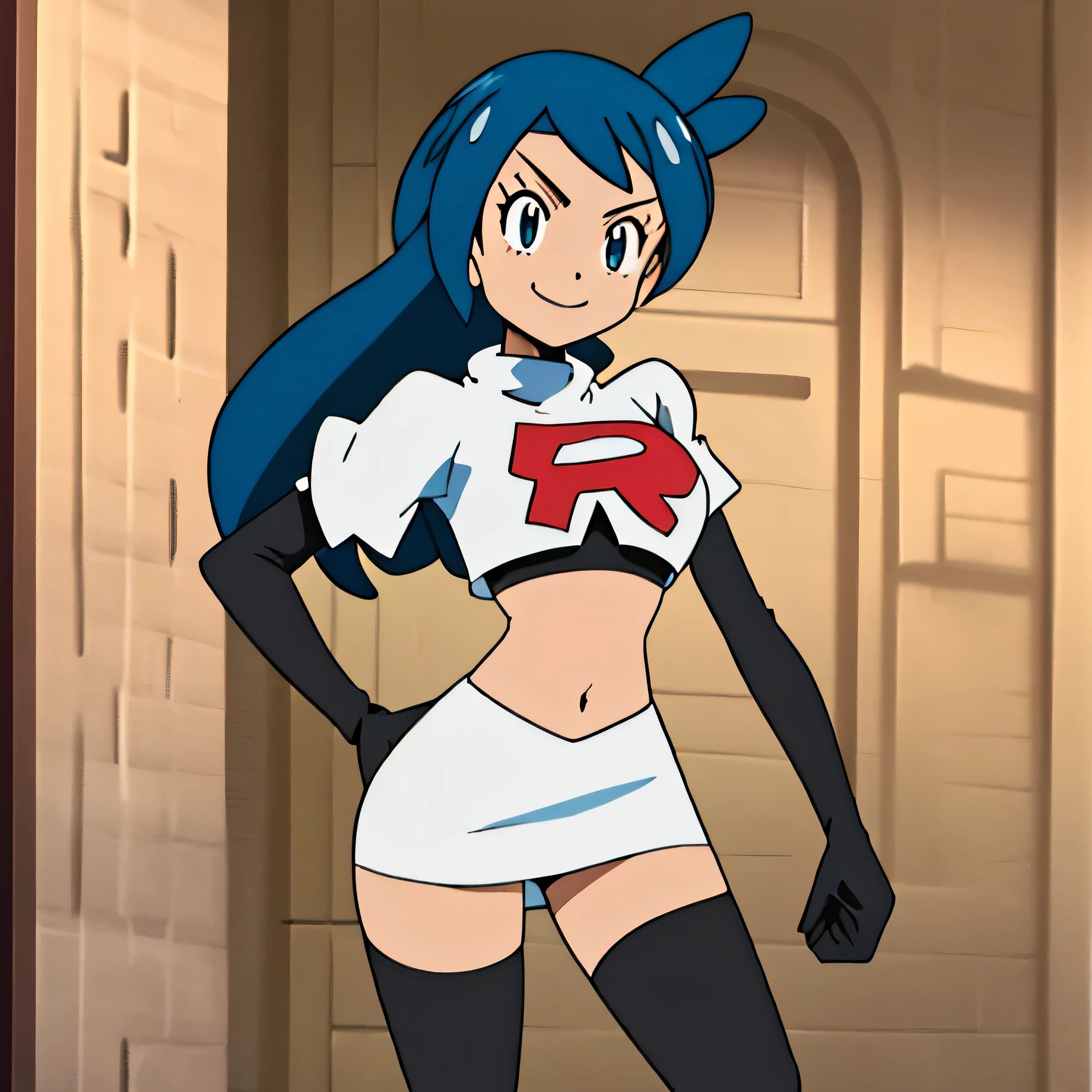 8k,1girl in, (solo:1.1), (perfect body:1.1), (best quality:1.1), very large breast, team rocket, team rocket uniform, red letter r, white skirt,white crop top,black thigh-high boots, black elbow gloves, smiling, looking down at viewer, hands on hips,zettai ryouiki,cowboy shot