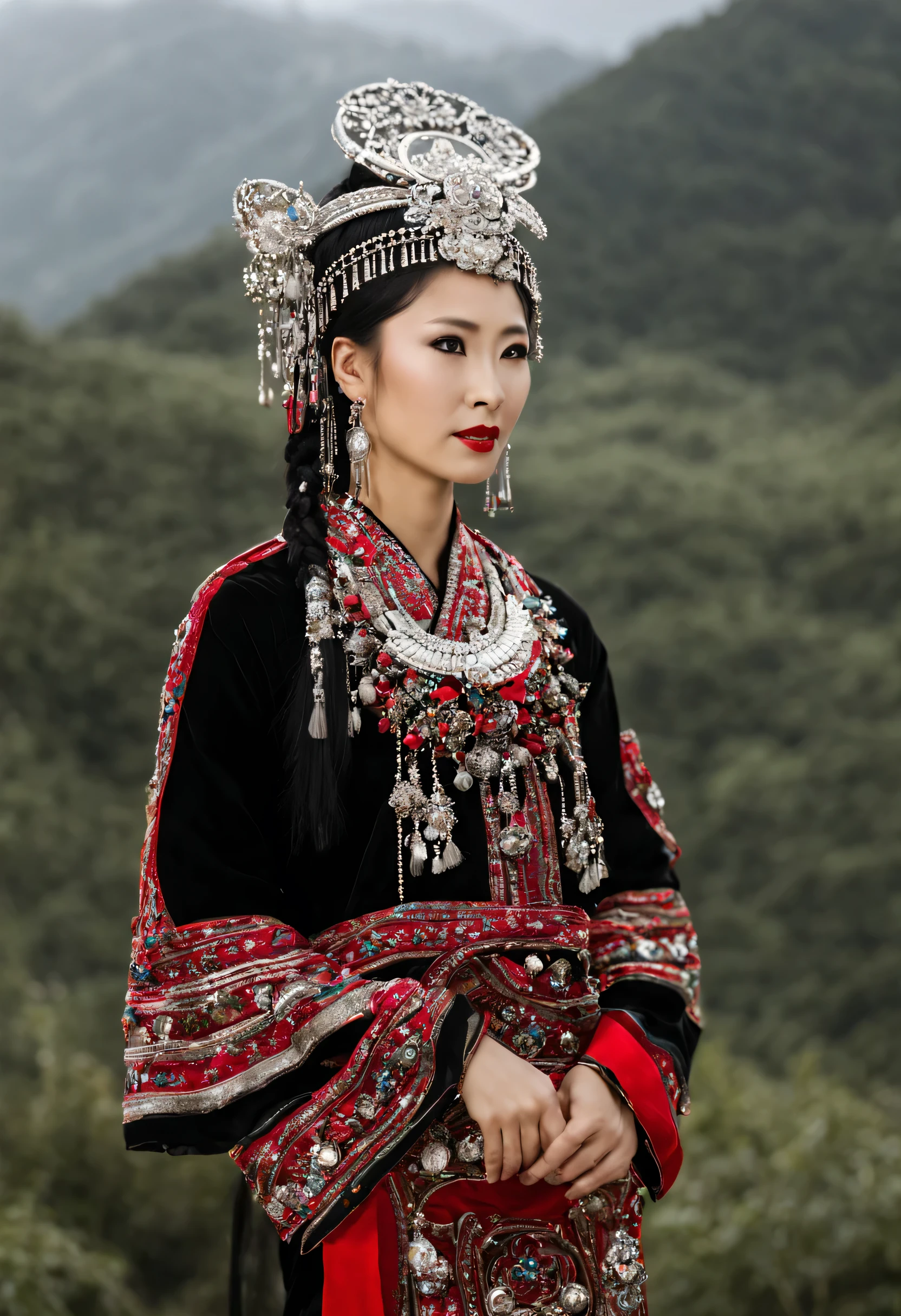 L&#39;image montre une femme chinoise portant un ensemble ethnique traditionnel de la province du Guizhou.. Elle est vêtue d&#39;une tenue principalement noire avec des accents rouges et des décorations argentées élaborées., comprenant une coiffe en argent et un collier. She has her black hair styled in a braid, adorned with&#39;accessoires traditionnels des minorités. Son expression est sérieuse alors qu&#39;elle regarde au loin. La toile de fond peut suggérer un décor extérieur naturel, which adds to the&#39;general elegance and&#39;will have balanced that&#39;she releases, complétant les éléments ethniques et traditionnels de sa tenue vestimentaire.