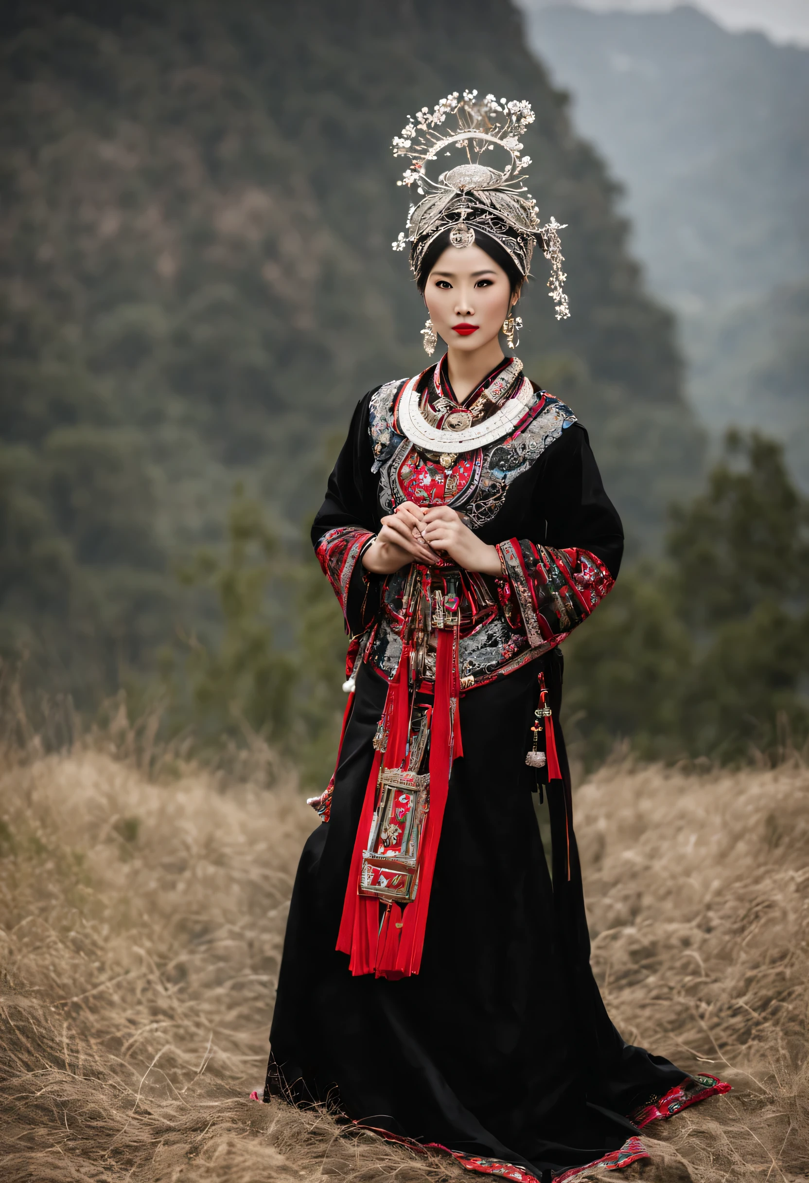 L&#39;image montre une femme chinoise portant un ensemble ethnique traditionnel de la province du Guizhou.. Elle est vêtue d&#39;une tenue principalement noire avec des accents rouges et des décorations argentées élaborées., comprenant une coiffe en argent et un collier. She has her black hair styled in a braid, adorned with&#39;accessoires traditionnels des minorités. Son expression est sérieuse alors qu&#39;elle regarde au loin. La toile de fond peut suggérer un décor extérieur naturel, which adds to the&#39;general elegance and&#39;will have balanced that&#39;she releases, complétant les éléments ethniques et traditionnels de sa tenue vestimentaire.