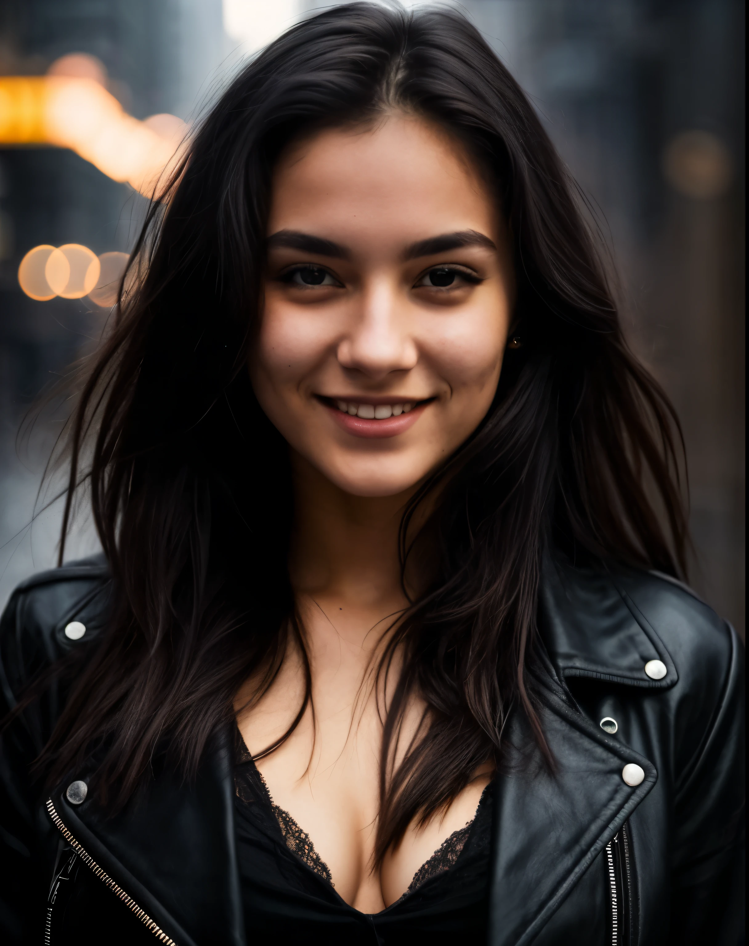 City street, neon, fog, volume, close-up portrait photo of a young woman in dark clothes,sexy smile,Beautiful face,Clear eyes