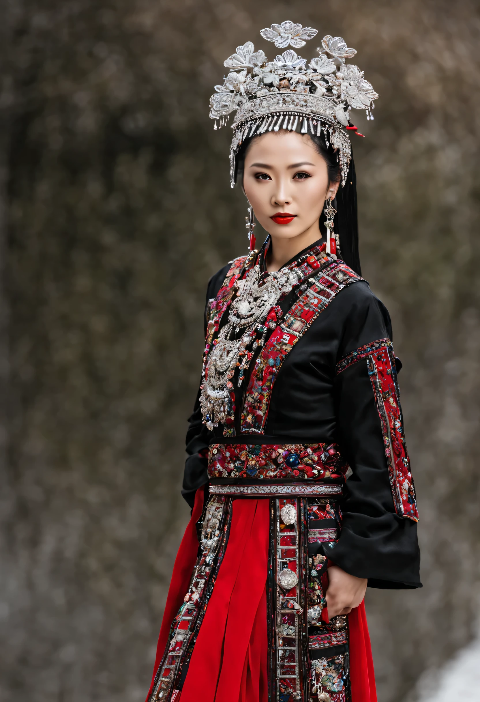 L'image montre une femme chinoise portant un ensemble ethnique traditionnel de la province du Guizhou.. Elle est vêtue d'une tenue principalement noire avec des accents rouges et des décorations argentées élaborées., comprenant une coiffe en argent et un collier. She has her black hair styled in a braid, adorned with'accessoires traditionnels des minorités. Son expression est sérieuse alors qu'elle regarde au loin. La toile de fond peut suggérer un décor extérieur naturel, which adds to the'general elegance and'will have balanced that'she releases, complétant les éléments ethniques et traditionnels de sa tenue vestimentaire.