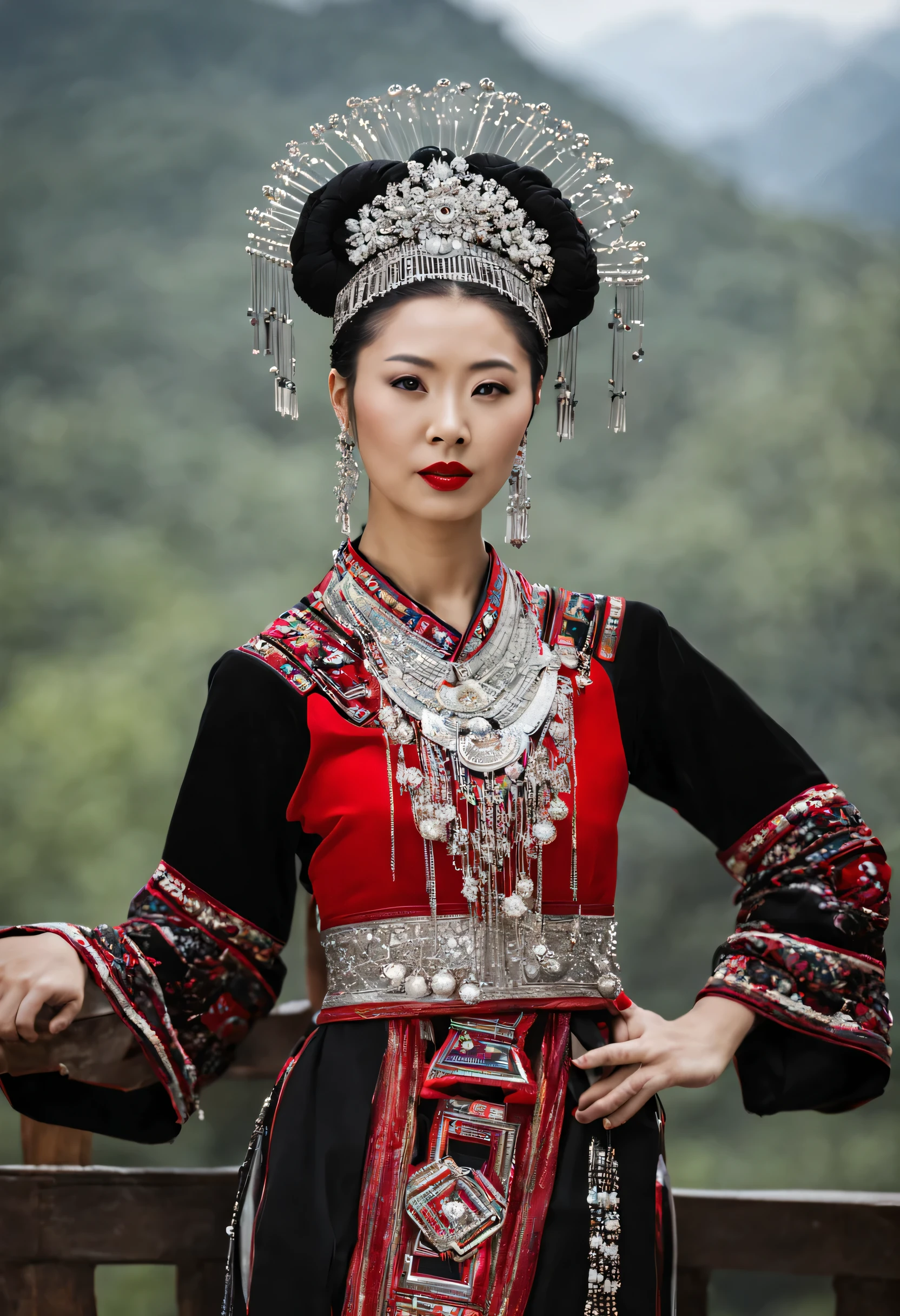 L'image montre une femme chinoise portant un ensemble ethnique traditionnel de la province du Guizhou.. Elle est vêtue d'une tenue principalement noire avec des accents rouges et des décorations argentées élaborées., comprenant une coiffe en argent et un collier. She has her black hair styled in a braid, adorned with'accessoires traditionnels des minorités. Son expression est sérieuse alors qu'elle regarde au loin. La toile de fond peut suggérer un décor extérieur naturel, which adds to the'general elegance and'will have balanced that'she releases, complétant les éléments ethniques et traditionnels de sa tenue vestimentaire.