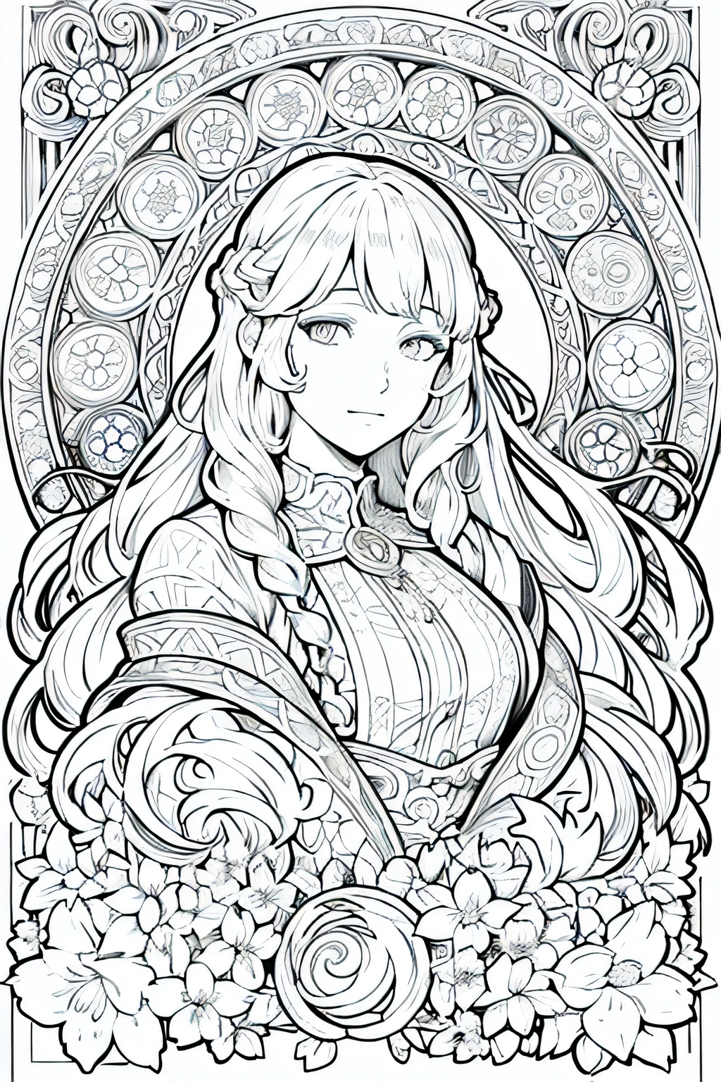 European women's face portrait, long curly hair, blonde, floral frame, decorative panel, abstract
Art by Alphonse Mucha, sketch, character lines and scenes without colors and shadowasterpiece, Best Quality, Highres:1.4), Detailed, Intricate Details, 4K, color splashes, line art, fibonacci,