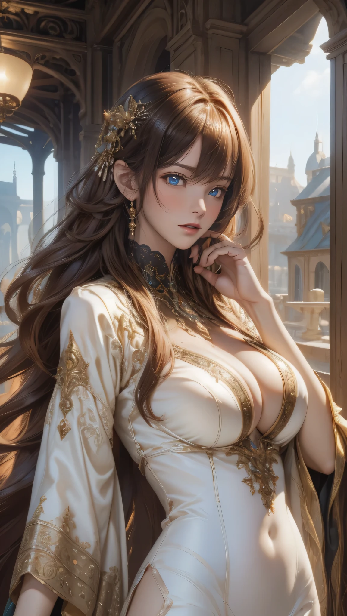 (movie-like scene,fantasy art,best image quality,hyperrealistic portrait,(8k),Super realistic,最high quality,high quality,High resolution,high qualityな質感,high detail,beautiful,Detailed,Highly detailed CG,detailed texture,realistic facial expression,masterpiece,before,dynamic,bold),1 girl,highly detailed skin,curve,,beautiful胸,big breasts,white skin,pointed chest,erect nipples,(thin hair),(soft hair),(ultra straight hair),long flowing bangs,very light coppery amber hair,hair above one eye