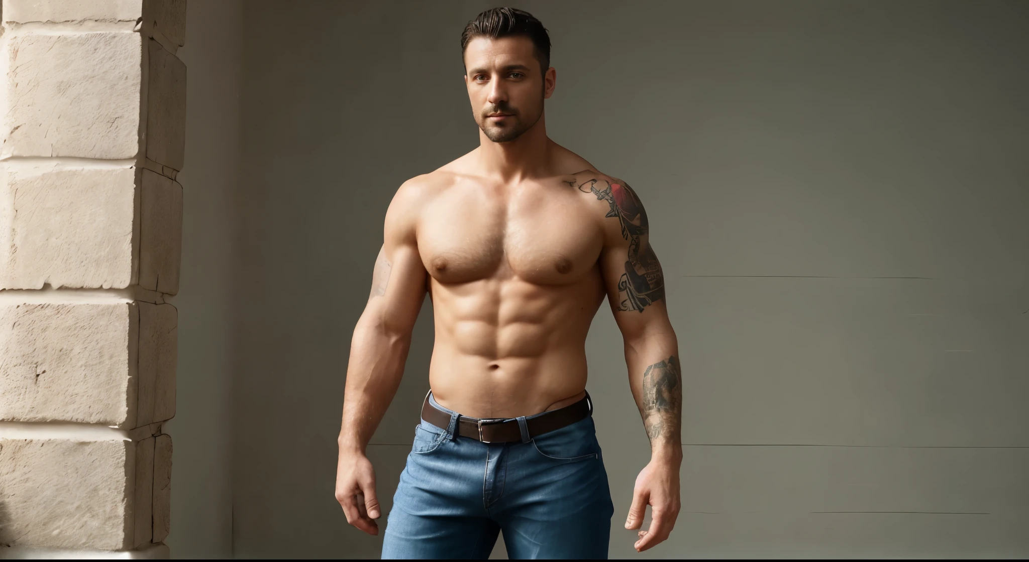 sexy Muscled man 35 years old, WITH FACIAL HAIR, BLACK short HAIR, BLEU EYES, SHIRTLESS, HAIRY CHEST, WEARING JEANS, FULL BODY, standing up, full body, tattoo on one arm and shoulder leather harness, shirtless, NEUTRAL BACKGROUND