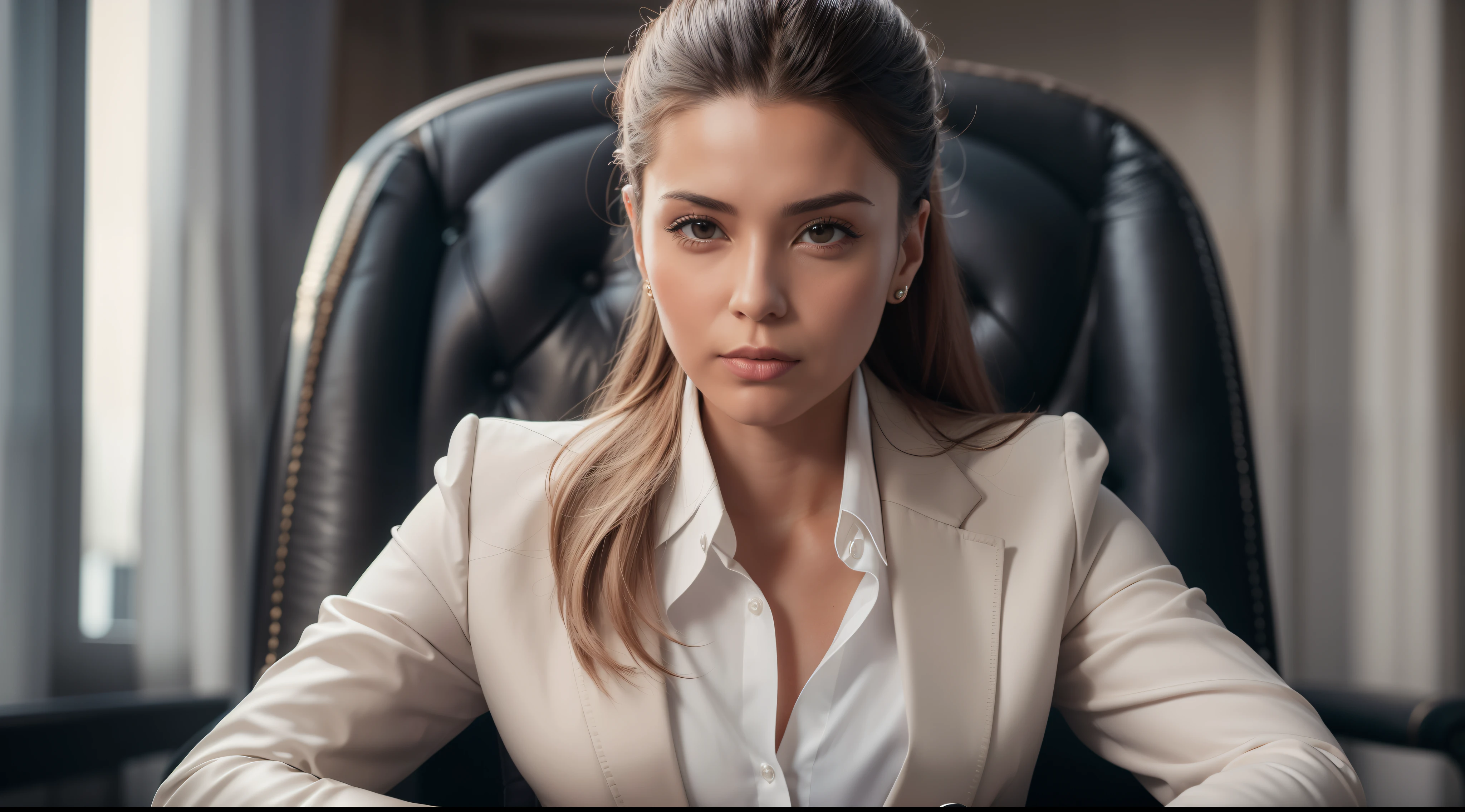 A real-life photo of a powerful and confident businesswoman in a tailored suit with broken buttons. She is sitting on a leather chair in a stylish and sophisticated corporate environment. obra-prima, qualidade 8k