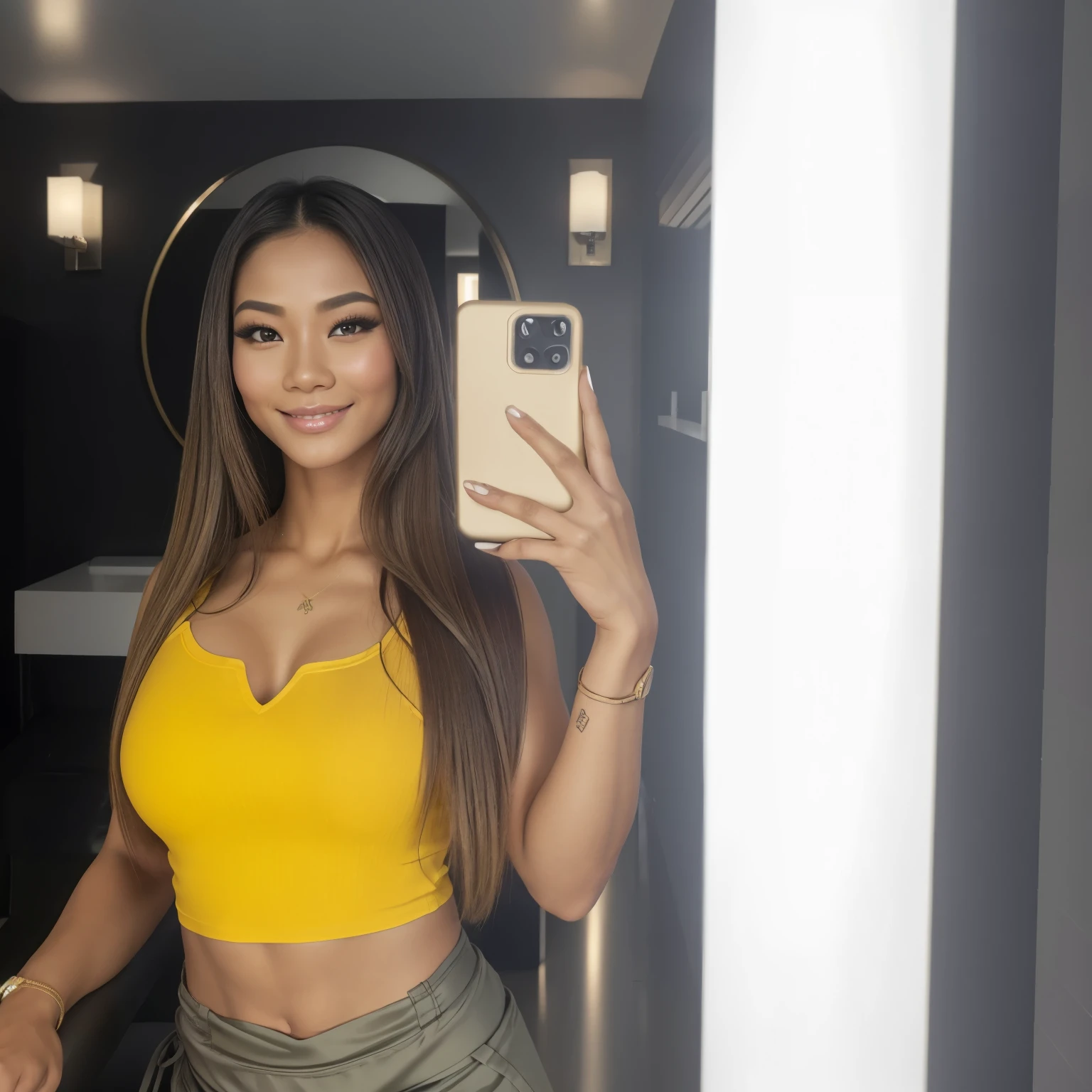 Young Thai woman, Fit physique, fitness physique, portant de la lingerie noire sexy, watch on the canapé, les jambes ouvertes, corps sexy, (8K), (best quality), (chef-d&#39;artwork:1.3), (realistic), (Photorealistic:1.34), ultra-detailed, [Beautiful detailed eyes], (sourire), (sourire), (beautiful detailed nose), [cheveux blonds très longs], (haut court), lingerie noire, (superbes seins taille normale), (gros plan), profondeur de champ, full body view, sitting on the sofa, legs spread, montrant l&#39;entrejambe, pieds en l'air