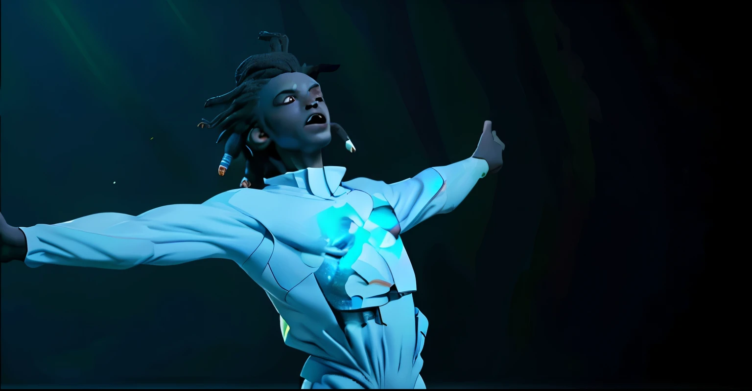 The image captures a striking moment of a man standing with his arms outstretched, seemingly embracing the atmosphere around him. The darkness of the background accentuates the subject, making him the focal point of this composition. Given the dominant black colors and the ambiance, one could infer that this moment is taking place during a concert or a similar entertainment event. The presence of tags such as dance, performance art, and music further suggests a dynamic and artistic setting, likely filled with energy and movement.
Despite the low visibility, the man's attire seems to be part of his performance, hinting at a carefully chosen outfit that complements the expressiveness of the moment. The mention of dreadlocks and a blue background in one of the captions adds a hint of color and personality to the otherwise monochromatic scene, suggesting a vibrant contrast not immediately visible but implied through descriptive elements.
The high scores associated with tags like concert, person, and clothing indicate a strong confidence in the presence of a performance and an individual at its center. This man, with his arms outstretched, appears to be in the midst of a dramatic gesture, possibly reaching out to the audience or simply caught in a moment of artistic expression.
The absence of visible faces other than the main subject and the lack of any detected adult, racy, or gory content makes this image suitable for a wide audience, focusing purely on the artistic and entertainment value of the scene. The overall composition, from the man's expressive posture to the subtle details hinted at by the described elements, paints a picture of a captivating performance, inviting viewers to imagine the music and movement that fills the air around him.