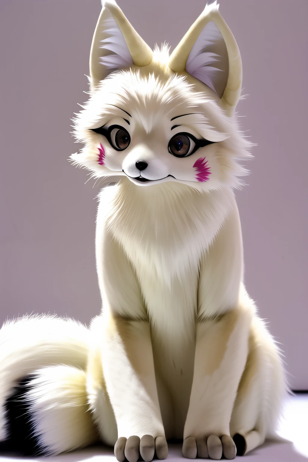 original photo, ultra high definition, SLR camera, high quality, actual, photo actual, dreamlike, lens flare, Permanently installed, Upper body, looking at the audience, animal focus, furry, animal costume, Wolf, Lovely, kawaii, Lovely, Lovely, fur, fur head, Willow Yao, fox ears, paw, paw鞋, white fur, slim figure, flat chest, There is a gap in the thigh, black fur,black tail