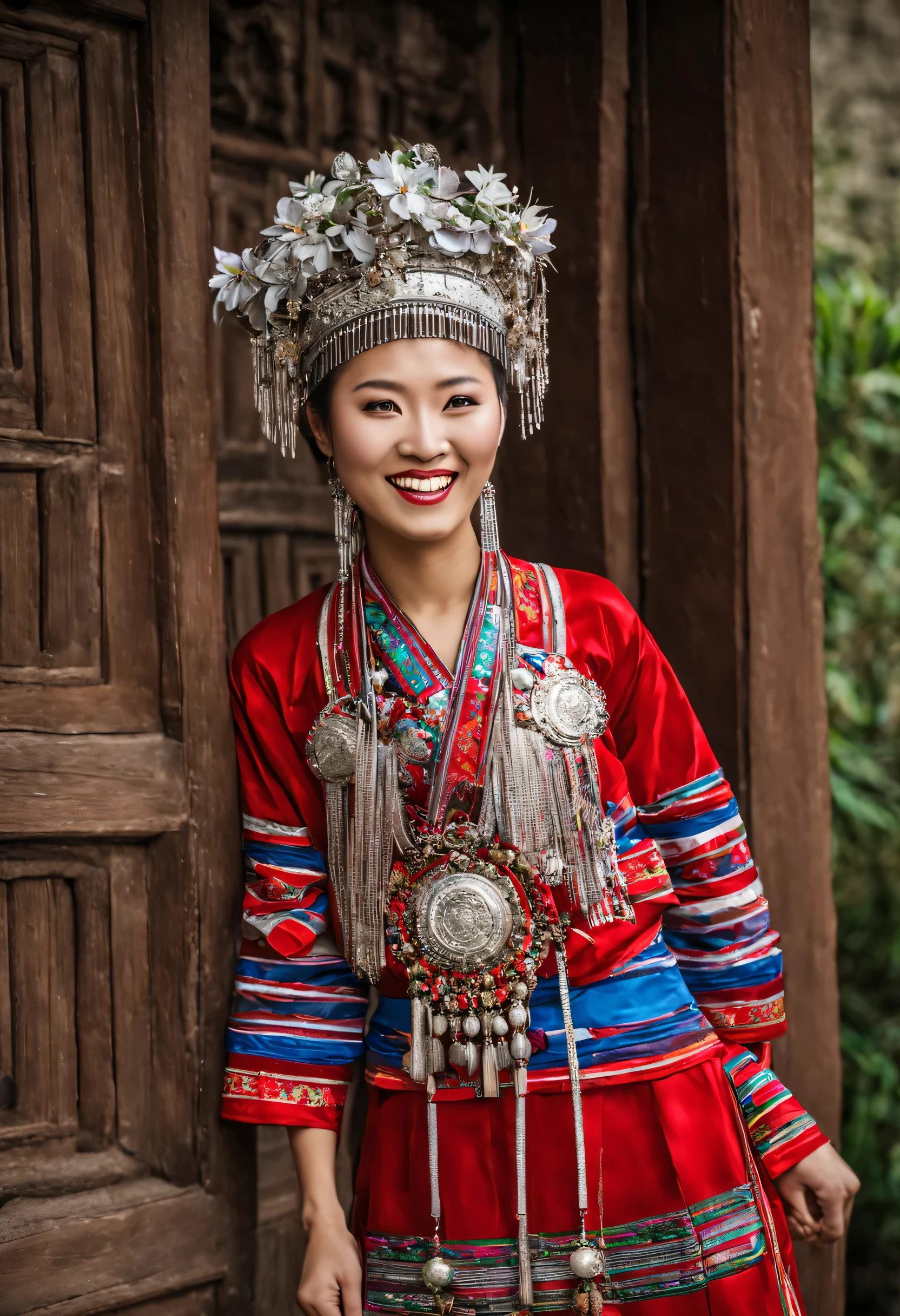 Une jeune femme chinoise de l’ethnie Miao est représentée sur la photo. Elle porte un costume traditionnel Miao qui comprend une coiffe argentée ornée d&#39;Decorative Elements., which looks like a Sika deer antler, and is combined with green artificial plants and white flowers. The costume is completed with a silver necklace, grandes boucles d&#39;oreilles en argent, et des accessoires rouge vif, qui mettent en valeur la riche diversité de la culture Miao et de ses traditions. Her outfit takes place against a backdrop of&#39;une vieille porte en bois, renforcer le contexte culturel. Elle sourit doucement avec ses yeux impatients, respirant l&#39;élégance et le charme.