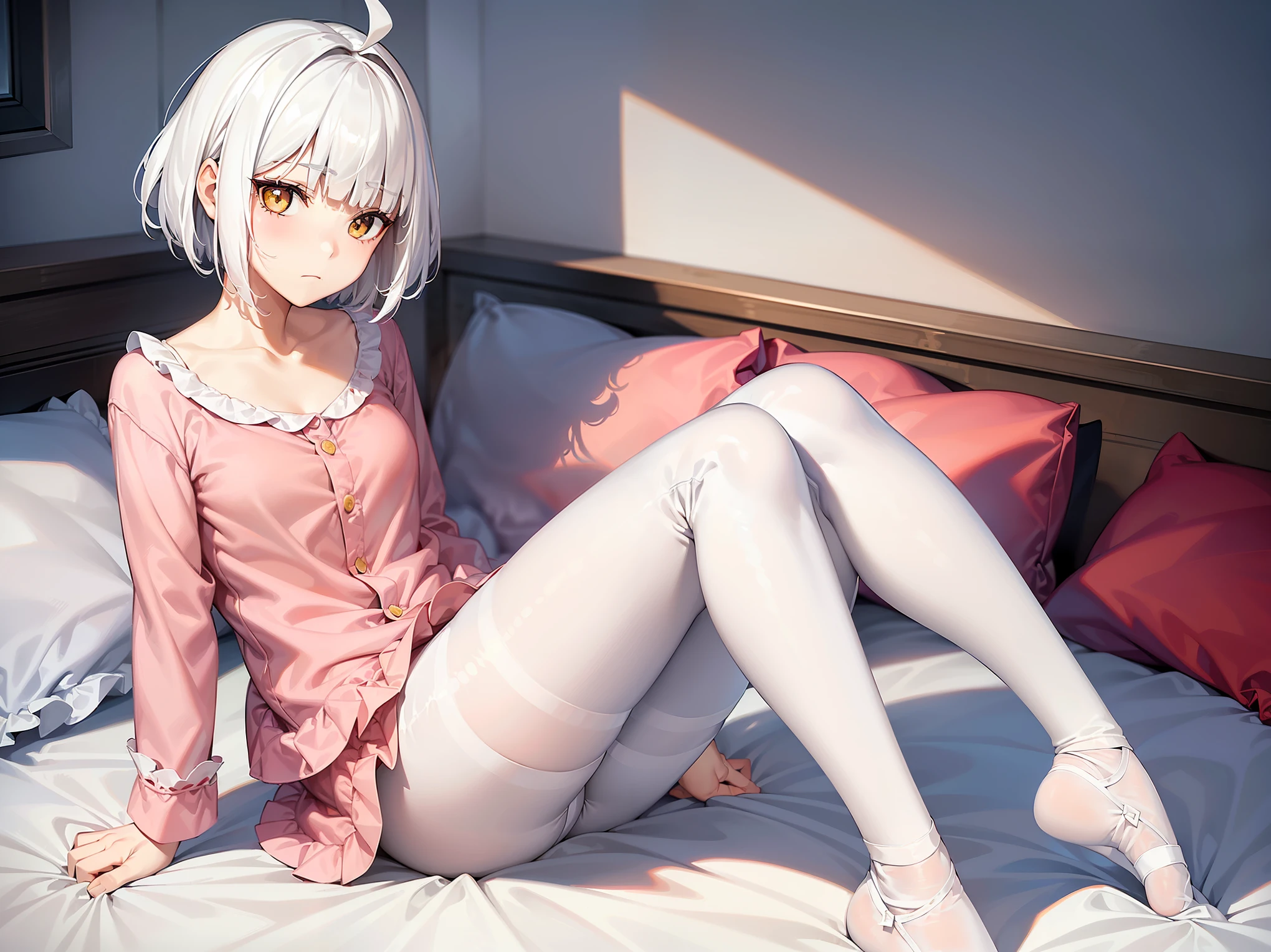 Cimematic vision, nigth, ((1girl)), (ta), ((((short white hair)))), (((blunt bangs))), yellow eyes, ((cabelo emaranhado)), ((((no expression)))), Sonolenta, ((ahoge)), (((wearing pink pajamas))), desleixada, ((melhor qualidade)), ((obra de arte)), (detalhado), rosto perfeito, ((style novel)), ((lay down on the bed)), ((white pantyhose))