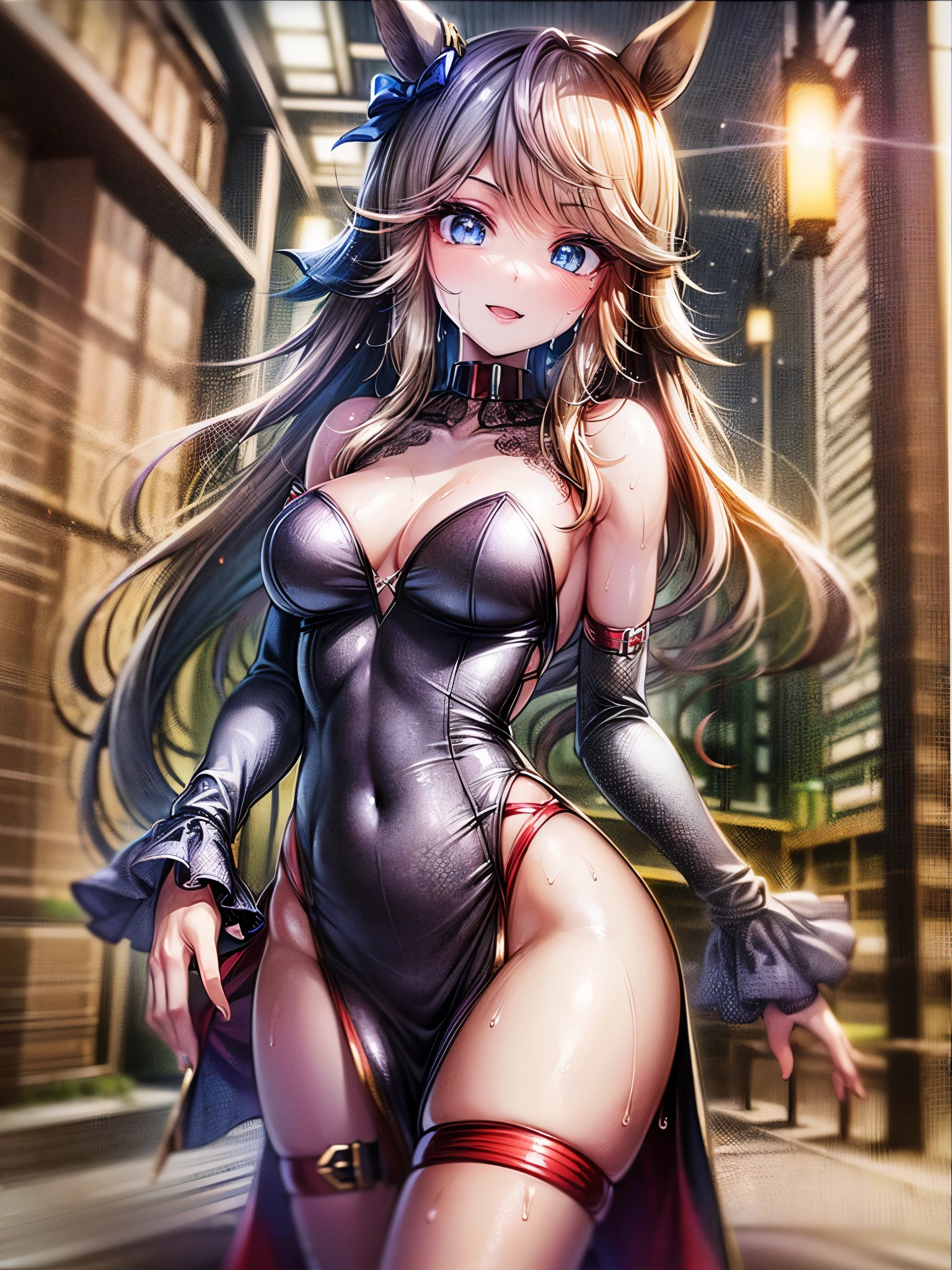 (masterpiece, top-quality, detaileds), (((anime screencap:1.30))), 1 girl, ((solo:1.5)), (((gold city \(umamusume))\))), (long hair:1.2), (animal ears, horse girl, ), cute, ((beautiful eyes:1.2)), (cute eyes:1.2), ((Detailed details eyes:1.5)), beautiful face, beautiful hair, (((cute smile, happy)), ((saggy medium small breasts:1.5)), (puffy nipples), ((large areolae:1.2)), (((breasts apart:1.5))), (((slim body))), (mature female), ((((sexy)))), standing, ((((sexy dress:1.5)))), (((revealing dress:1.5))), ((high heel:1.5)) , (((shiny skin))), (((sweat))), ((full body)), (oil skin:1.2), ((slut:1.10)), ((bitch:1.10)),