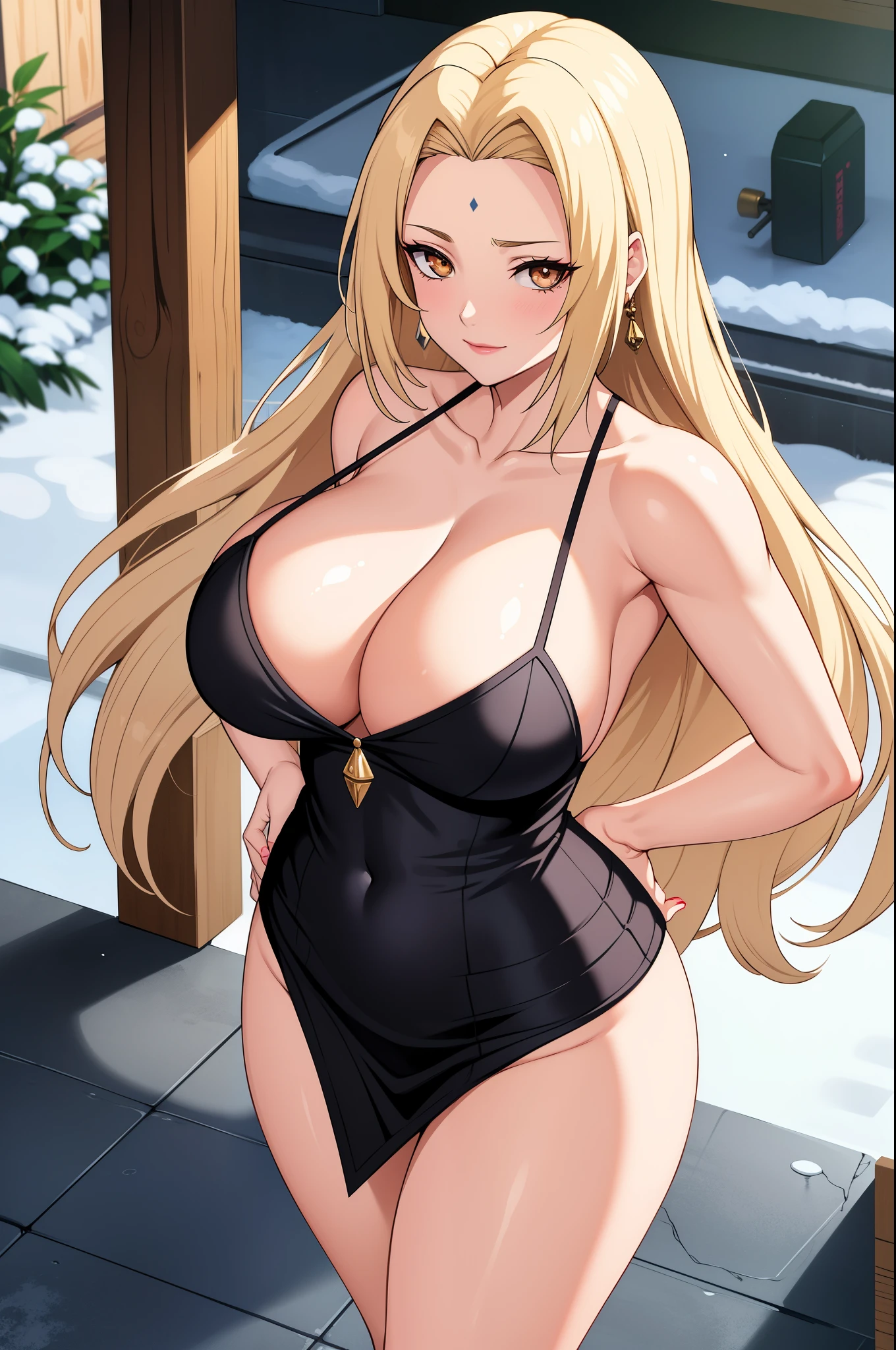 tsuande senju, voluptuous sexy busty woman who is insanely and extremely sexy cute pretty voluptuous beautiful pretty curvy busty hot sexy with extremely shiny glass SNOW FAIR WHITE LUSH SILKY smooth lush plump glass glowing skin and perfect round cleavage and her INSANE tight perfect hourglass figure, her wide soft hips, and her skinny lush soft plump arms and her thick sexy SNOW FAIR lush legs and thighs, her big soft plump perfect round thick ass with her bright SNOW FAIR LUSH plumpy round bare cleavage and her glowing shoulders exposed while she's wearing her shiny YELLOW high heels along with her with her shiny GOLD long YELLOW BLONDE hair untagled along with a red ribbon, smooth lush snow fair clean tender soft smooth neck and gold bangles on her wrist and gold anklets with small bells on her two feet and gold earrings on her lush fair white fair pinkish ears with her extremely insanely god tier cute irresistible smile kind gentle look on her extremely cute pretty face with her big shiny bright honey brown eyes and her shiny black eye lashes and her two bright pink blushes and her bright red puffy lips on her face and her red shiny nails, looking at the man. The woman has no wrinkles, no tattoos, no signs of anything that's not unattractive but just raw god's given absolute irresistible otherwordly god-tier beauty possessing the most irresistible charm and beauty in all of mankind's history and future as she's the peak and epitome of a woman's elegance and feminity and her insane, impossible, and unimaginable levels of beauty the woman has, the woman stands straight in an alluring sexy feminine pose as she's wearing a long sexy revealing loose long dark black colored revealing dress. SHOW FULL BODY, SEDUCTIVE TEMTPING INTOXICATING BLUSHING SMILE, flowers on hair, standing, EYES WIDE OPEN