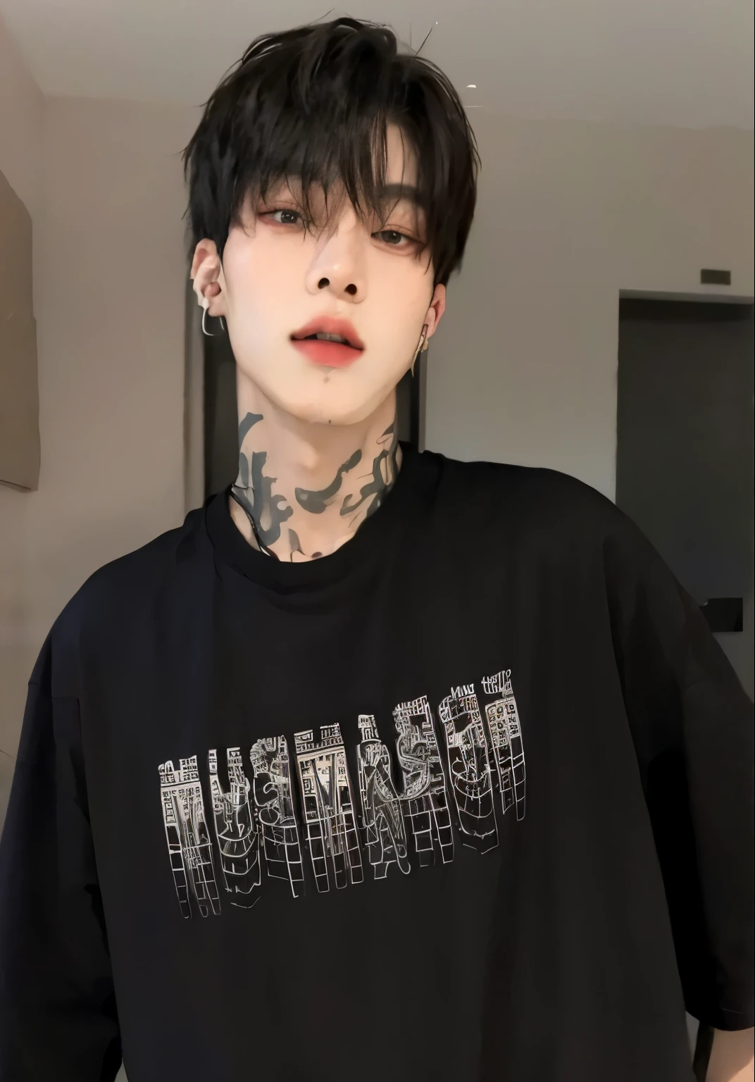 un hombre con un tatuaje en el brazo que llevaba una camisa negra, pintar ulzzang, kim doyoung, jungkook, wearing cyberpunk ropa de calle, retrato de jossi de blackpink, cai xukun, tumblr, he wears a black t-shirt, Jimin, Jung Jaehyun, cyberpunk ropa de calle, tendencia en r/ropa de calle, park Jimin, jinyoung shin, oficial