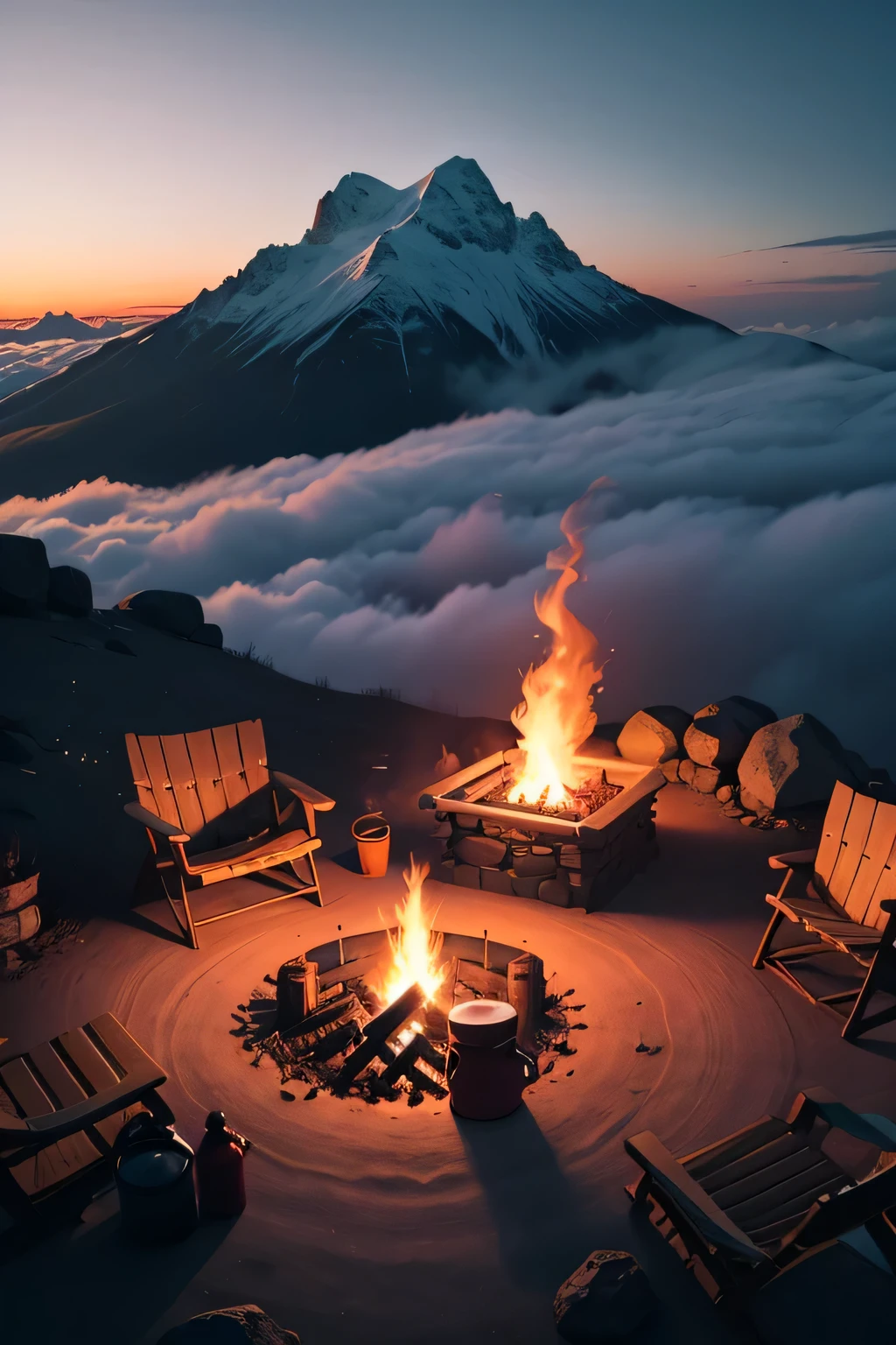 bonfire in a mountain camp above the clouds