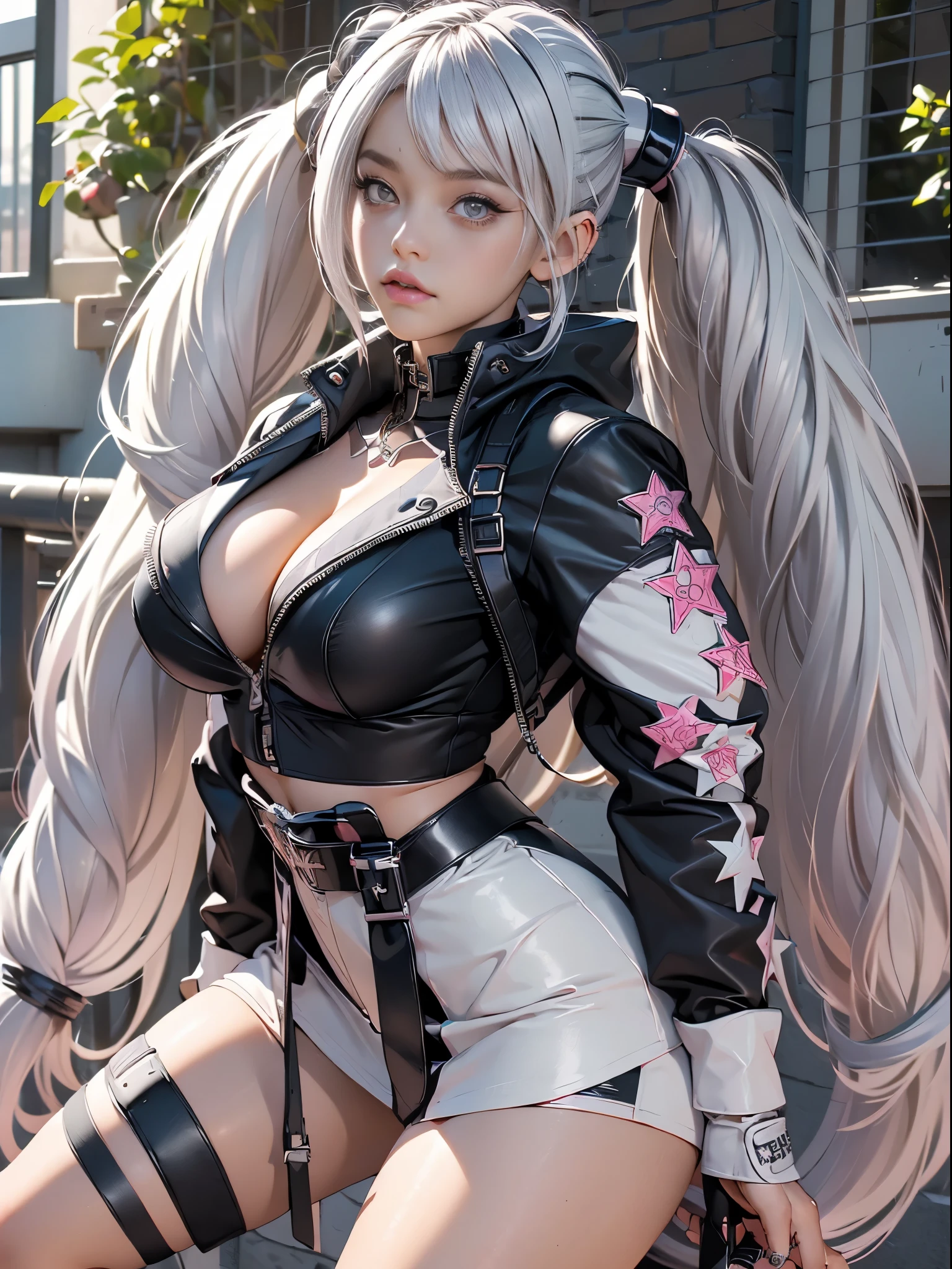 (((of the highest quality: 1.4))),(unparalleled masterpiece ever), (Ultra high definition),(Ultra-realistic 8K CG), offcial art、 (((adult body, accentuated super huge enormously gigantic tits, cleavage showing))), (((1girl in))), ((( very long hair in pigtails ))), Punk girl with a perfect body, school girl uniform school girl skirt and backpack with lots of straps buckles and zippers,Beautiful and well-groomed face,Fancy makeup,Detailed punk fashion,school girl uniform and school girl skirt, (Image from head to thigh),((Platinum white hair )), Harajuku-inspired hooded jacket, Simon Bisley's urban savage style,Detailed street background of school classroom,Clean abs, Complex graphics, dark pink with white stars and gray and white stripeany poisonous tattoos )), piercings,