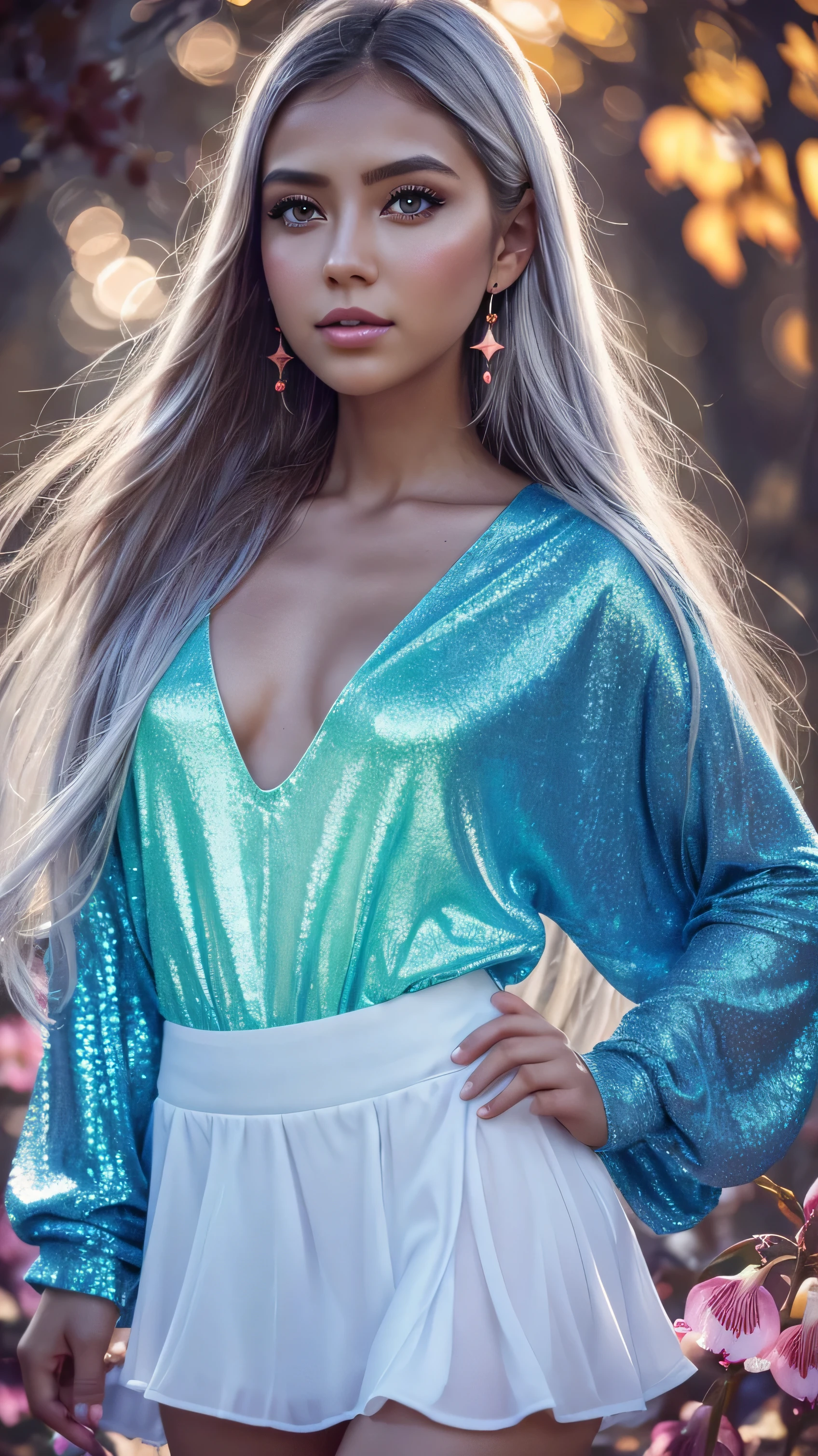 Beautiful realistic girl with bright BLUE-WHITE long hair ,Close-up of clean skin with detailed skin,full length,in a short miniskirt,on an orange background,Against the background of the starry sky,bright makeup,detailed eyes,EARRINGS WITH GLITTERS,two-leaf gray flower,translucent speckled bifoliate gray,Bioluminescent - ultra-high quality 8K, High contrast, rich colors, soft light, Super detailed photos. ultra high quality 8K, High contrast, noise reduction, bright rich colors.. high quality, 8K Ultra HD, High contrast high quality,soft close focus,very beautiful flower, translucent red lily of the valley with dewdrop flower, bioluminescent flower glows and shimmers, he grows in a mysterious forest, shrouded in mystery, Ultra-high quality 8k, High contrast, rich colors, soft light, Ultra-detailed photos. Сверхhigh quality 8k, High contrast, noise reduction, bright rich colors.. high quality, 8K Ultra HD, High contrast