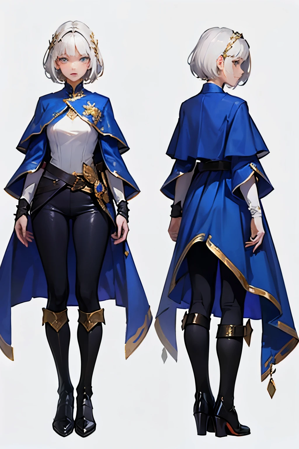 ((masterpiece)),(((best quality))),(character design sheet,same character,front,side,back),illustration,1 adult woman,(white hair), short haircut with bangs on one side,beautiful eyes, aristocrat, Environment change, pose too, magic, charturnbetalora, (simple background, white background: 1.3), clothing of a medieval battle (mage), blue cloak white bluse black pants
