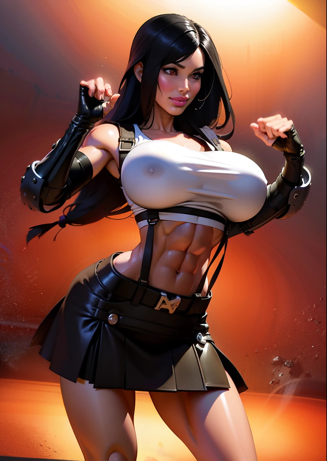 (warm lighting:1.4), top quality, very delicate and beautiful, high resolution, 1girl, tifa_lockhart, smile, (6 pack abs:1.3), (abs), (gemma chan face:1.3), (orange colors from light,), warm colors, sunset lighting, perfect light, cowboy shot, suspenders, low rise, mini skirt, tank top, tense shirt, black hair, long hair, elbow gloves, beautiful detailed red eyes, face light, movie lighting, navel, high exposure, abdomen exposure, ribs, abs, (gigantic breasts: 1.4), ((dynamic poses, dynamic angles))