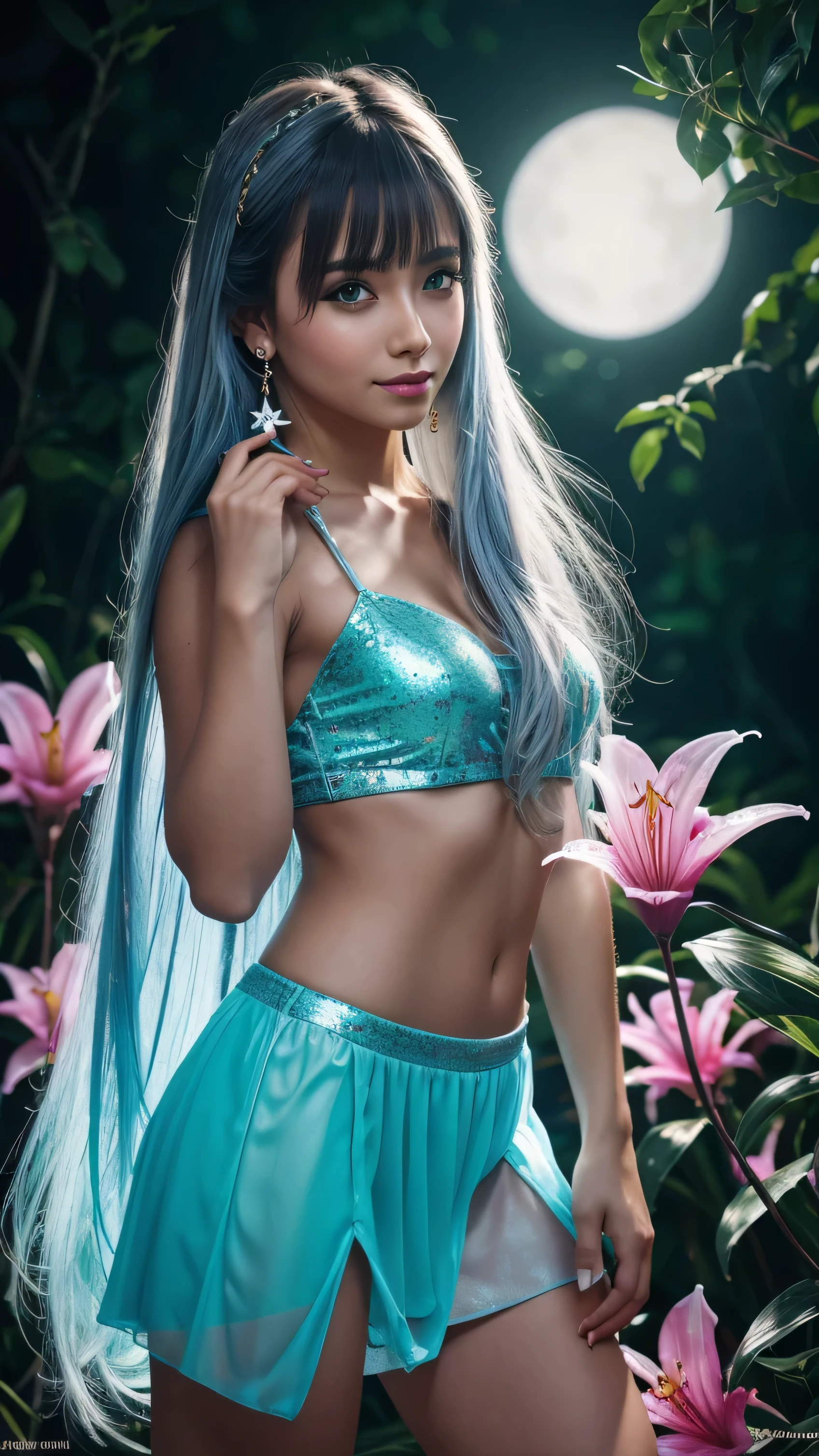 Beautiful realistic girl with BRIGHT WHITE-BLUE long hair ,Close-up of clean skin with detailed skin ,full length,in a short miniskirt,on an orange background ,Against the background of the starry sky,bright makeup,EARRINGS WITH GLITTERS,two-leaf gray flower,translucent speckled bifoliate gray,Bioluminescent - Ultra High Quality 8K Music Equalizer, High contrast, rich colors, soft light, Super detailed photos. ultra high quality 8K, High contrast, noise reduction, яркие rich colors.. high quality, 8K Ultra HD, High contrasthigh quality,мягкие close focus,very beautiful flower, translucent red lily of the valley with dew drop flower, bioluminescent flower glows and shimmers, he grows in a mysterious forest, shrouded in mystery, Сверхhigh quality 8k, High contrast, rich colors, soft light, Ultra-detailed photos. Сверхhigh quality 8k, High contrast, noise reduction, bright rich colors.. high quality, 8K Ultra HD, High contrast
