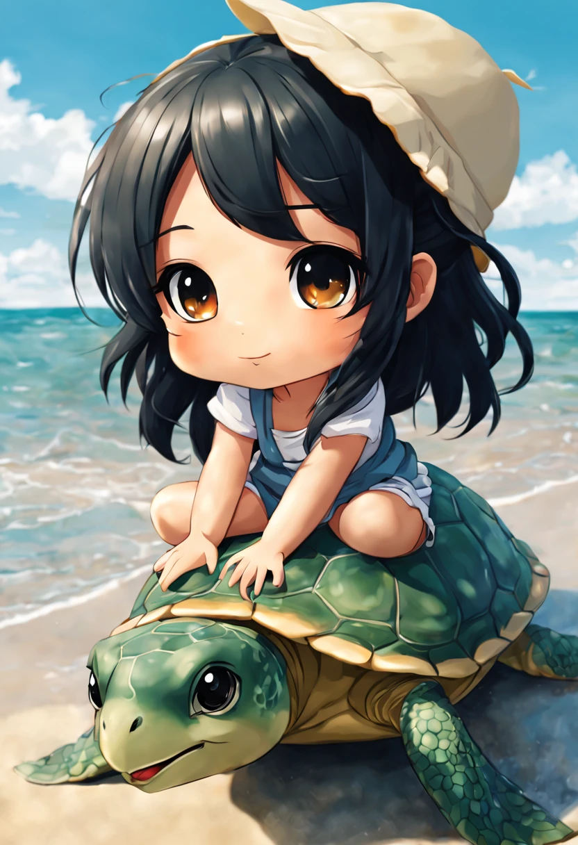 Anime chibi black hair girl, sitting on the back of a turtle, at the sea