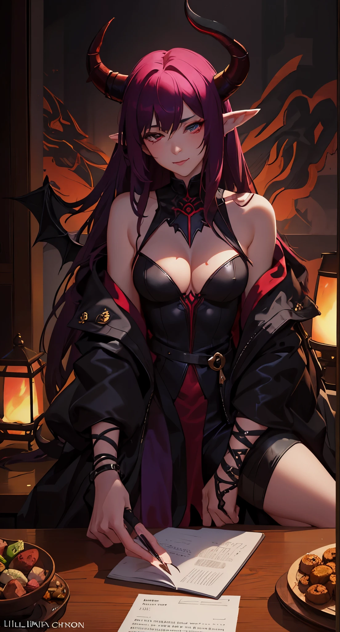 there is a woman with horns and a Devil face sitting at a table, tiefling, DnD portrait of a tiefling, tiefling female warlock, tiefling from D & D, portrait of Demon girl, Dark fantasy style art, tiefling rogue, Dark fantasy character Design, Diablo 4 lilith, alluring tiefling DruiD, Demon girl, Wojtek fus