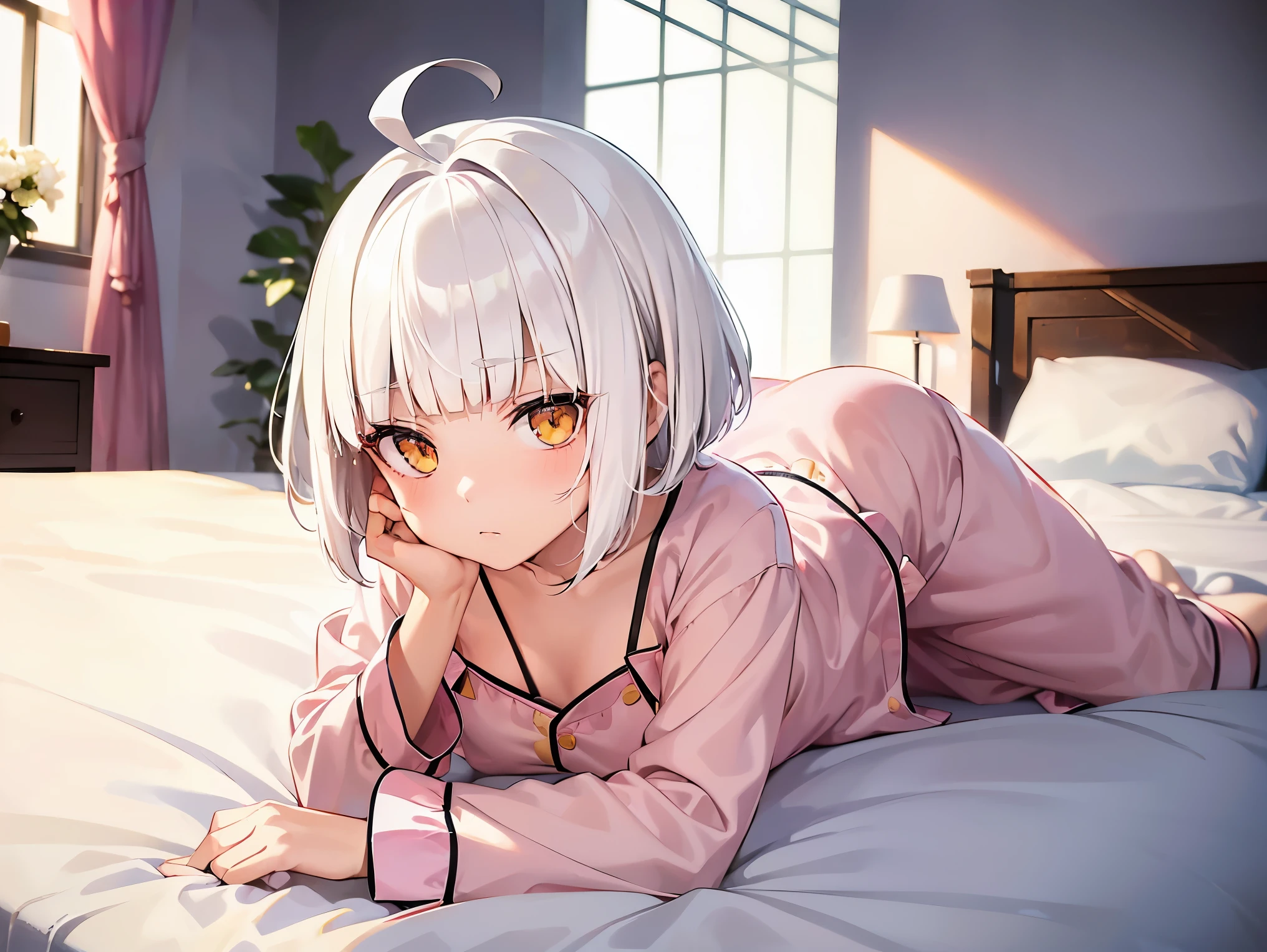 Cimematic vision, nigth, ((1girl)), (lolita), ((((short white hair)))), (((blunt bangs))), yellow eyes, ((cabelo emaranhado)), ((((no expression)))), Sonolenta, ((ahoge)), (((wearing pink pajamas))), desleixada, ((melhor qualidade)), ((obra de arte)), (detalhado), rosto perfeito, ((style novel)), ((lay down on the bed))