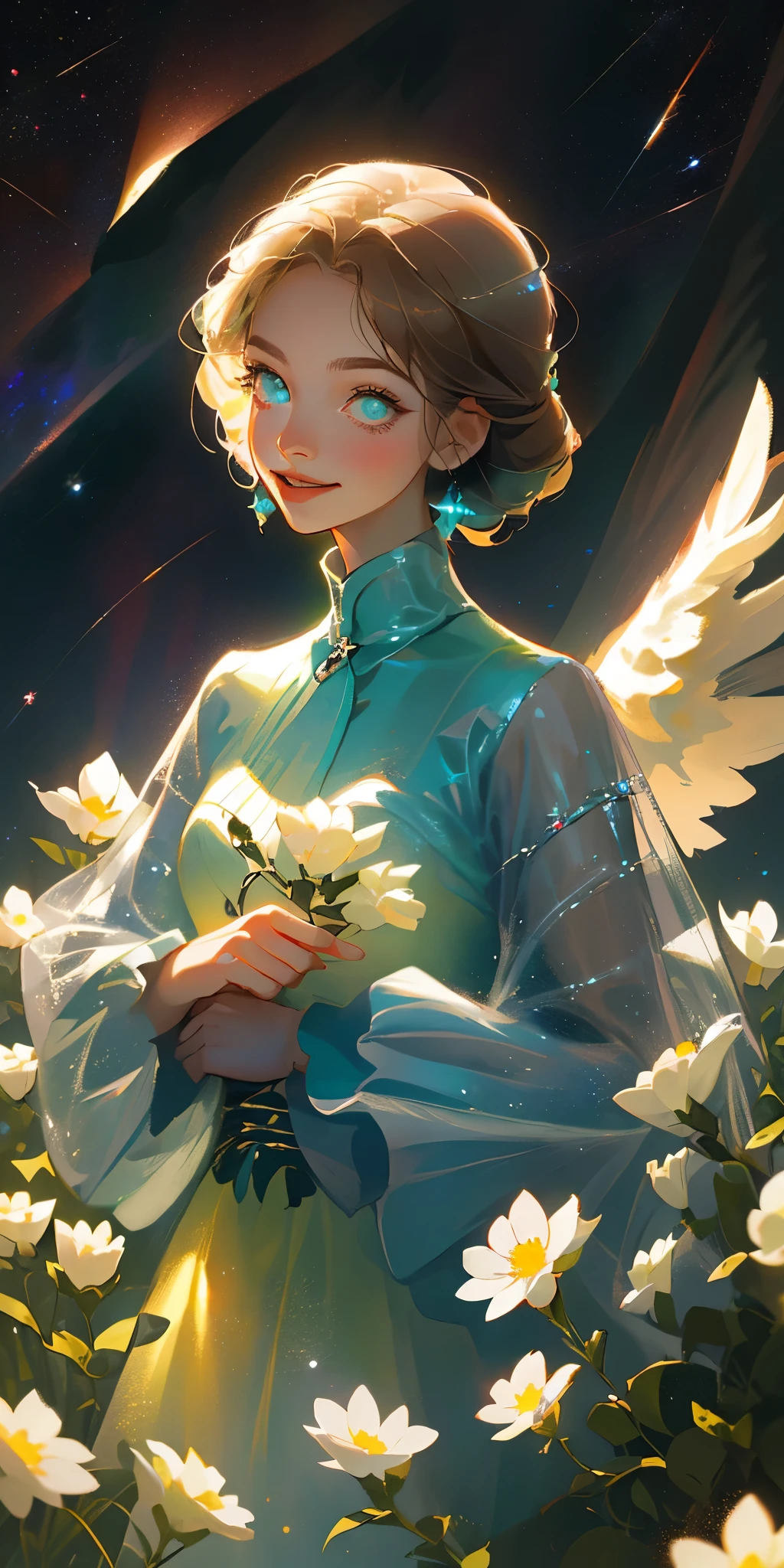 top quality, pastel painting, gentle atmosphere, Twin girls angel, Lovely, white wings, smiling happily, Short brown hair of different colors, one blue eye, a green eye, clothes of different colors, flower hair accessories, Upper body, looking at the audience, space, meteor, Light,