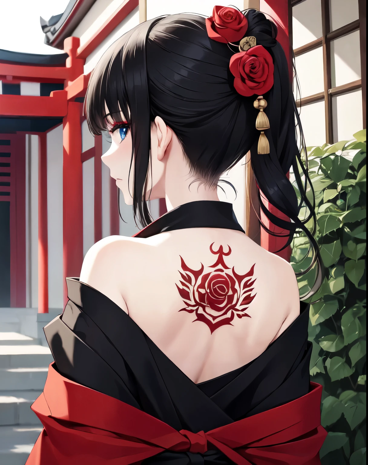 Masterpiece, Top quality, Best quality, Official art, Beautiful and aesthetic:1.2),1girl, tattoo, Single, Japanese clothes, Red and black kimono, Hair decoration, unsheathing, Black hair, sheath, back tattoo, dragon tattoo, Blue eyes, Off shoulder, Bare shoulders, Looking back, From behind, rose, Looking at the scenes, Detain, makeup, outside,