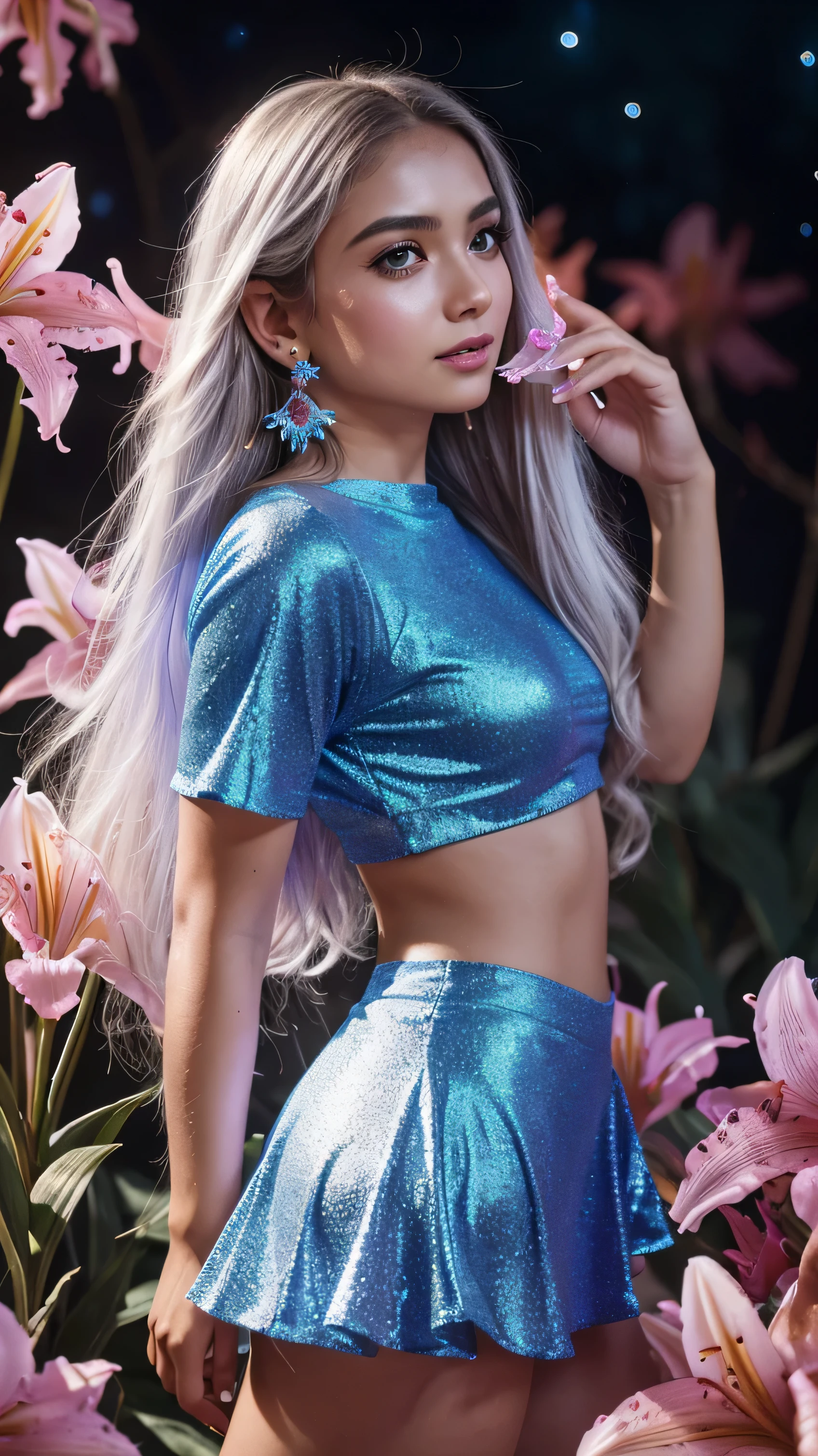 Beautiful realistic girl with BRIGHT WHITE-BLUE long hair ,Close-up of clean skin with detailed skin ,full length,in a short miniskirt,on an orange background ,Against the background of the starry sky,bright makeup,EARRINGS WITH GLITTERS,two-leaf gray flower,translucent speckled bifoliate gray,Bioluminescent - Ultra High Quality 8K Music Equalizer, High contrast, rich colors, soft light, Super detailed photos. ultra high quality 8K, High contrast, noise reduction, яркие rich colors.. high quality, 8K Ultra HD, High contrasthigh quality,мягкие close focus,very beautiful flower, translucent red lily of the valley with dew drop flower, bioluminescent flower glows and shimmers, he grows in a mysterious forest, shrouded in mystery, Сверхhigh quality 8k, High contrast, rich colors, soft light, Ultra-detailed photos. Сверхhigh quality 8k, High contrast, noise reduction, bright rich colors.. high quality, 8K Ultra HD, High contrast
