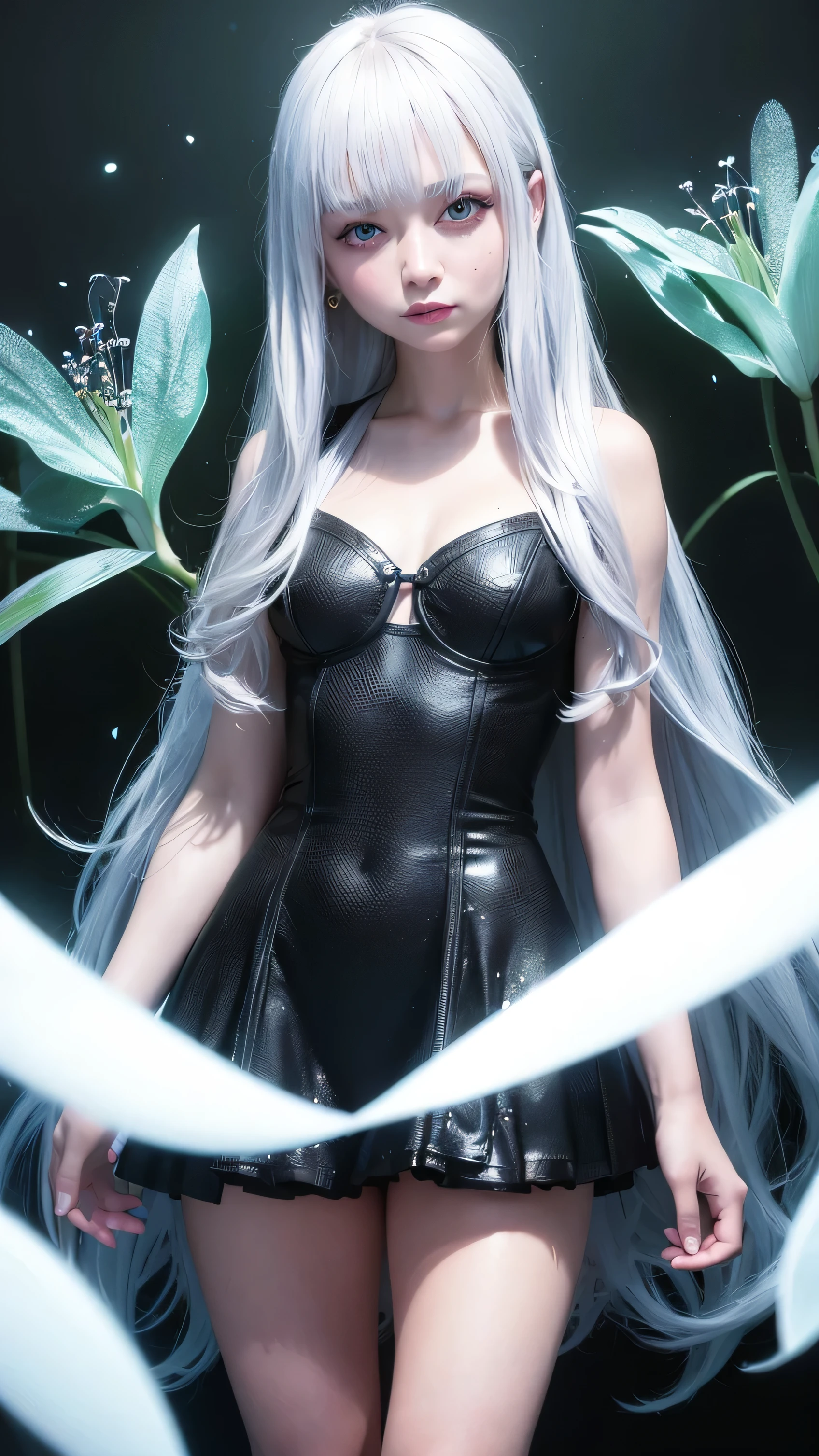 realisticlying, A high resolution, softlighting,1 woman, Alone, hip-up, ViewView器, (详细的脸), long whitr hair, lying on the grass ground, Look from the bottom up, Pubic Area Showing, View, secretary_校服, Black dress, lacepantyhose, Tattooed with, jewely