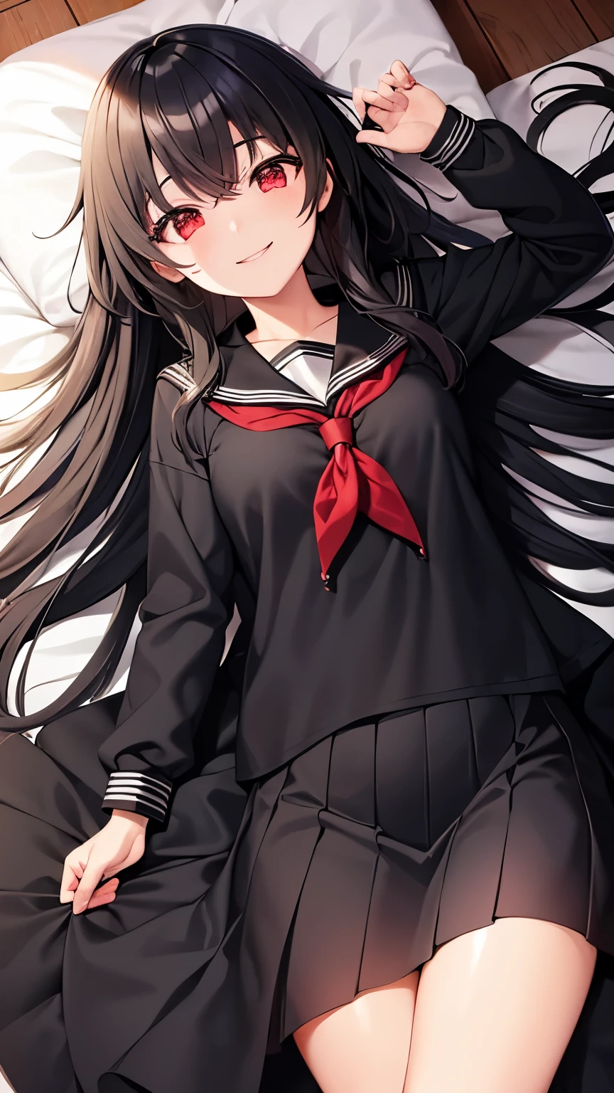 girl, black serafuku, long hair, black hair, red eye s, black skirt, smile, indoor, lying, happy, from above, bed