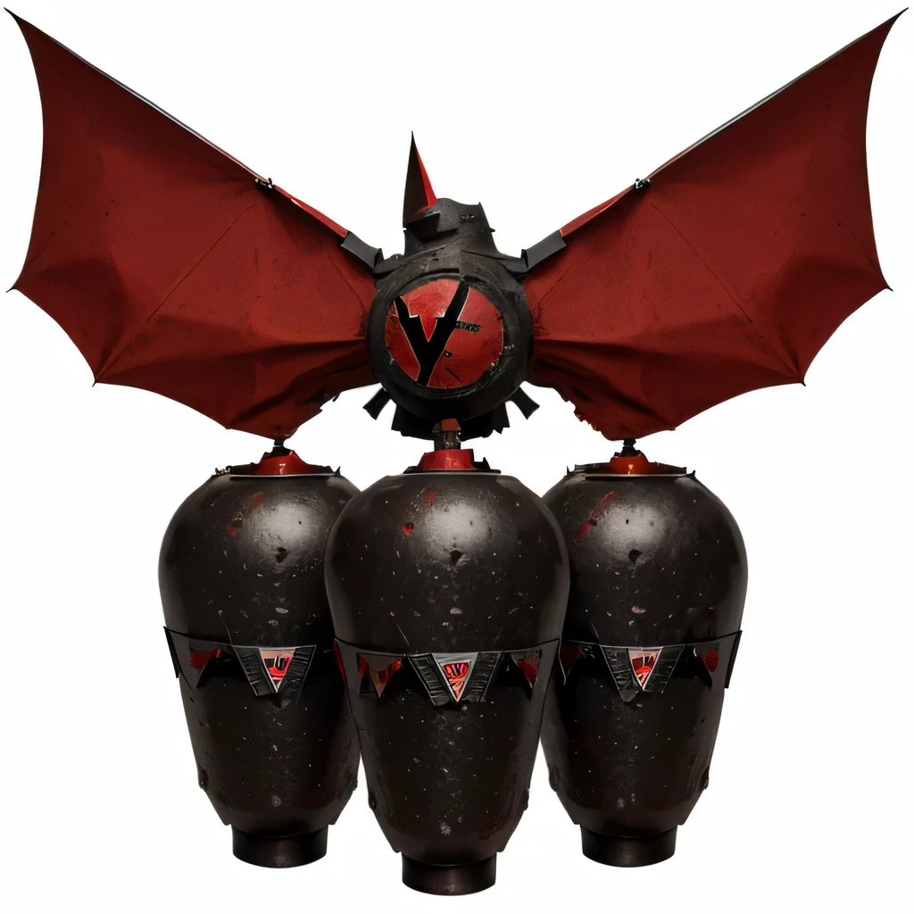 Bomb, WWII, German WWII, white background, German empire, scary bomb, vampire bomb, bloodshed bomb, a bomb, one bomb, vampire bat bomb, "v" shaped bomb, scary, bomb shaped like the letter v, vampire bomb, red, blood, pointy edges, batwings, V