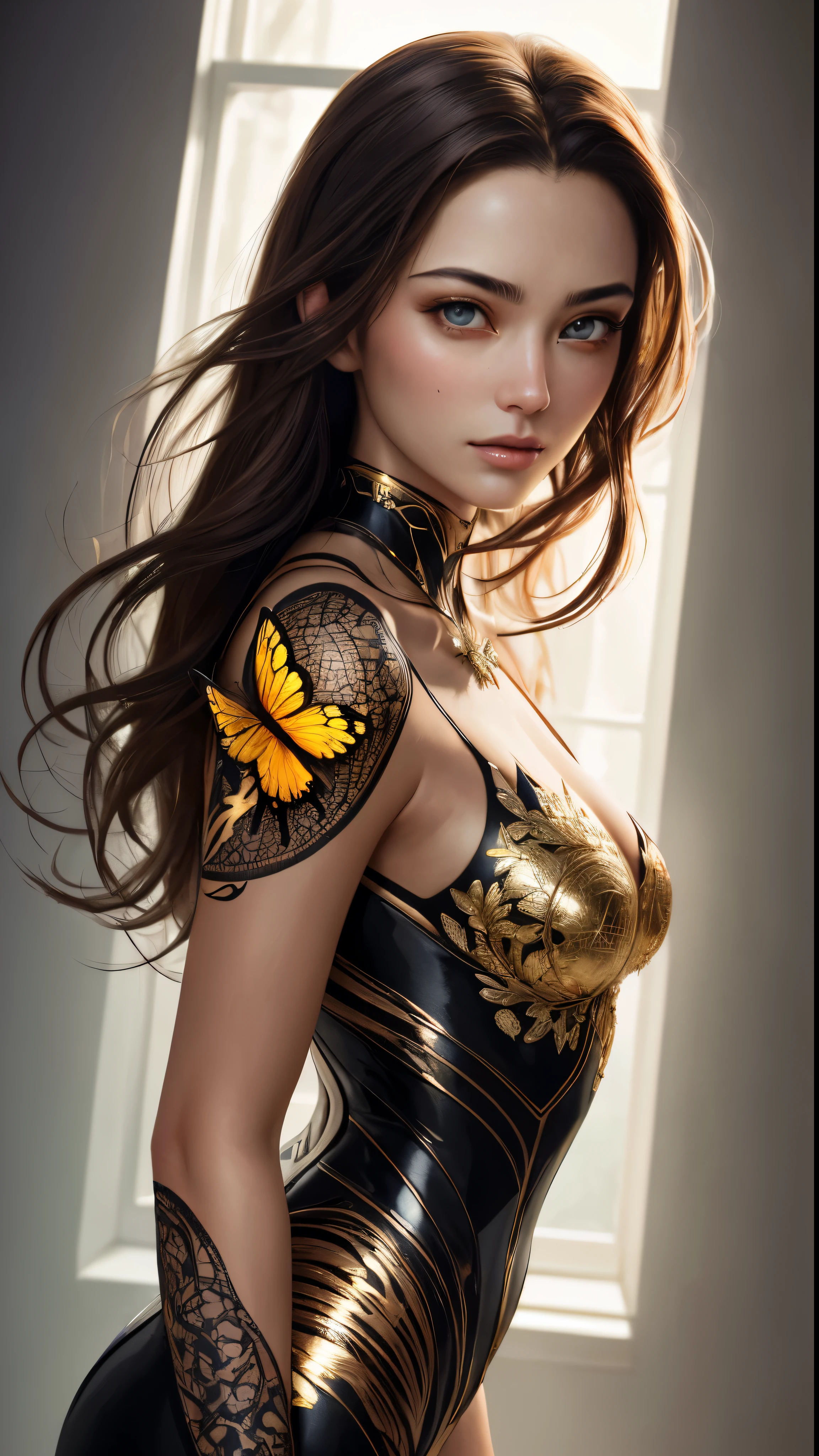 8k portrait of beautiful cyborg with brown hair, Complex, elegant, very detailed, majestic, digital photography, art germ、Ruan Jia、greg rutkowskiによるアート、surrealist painting、gold butterfly filigree, Broken Glass Star Fragment, side light, detailed and beautiful eyes: 1.2), HDR,