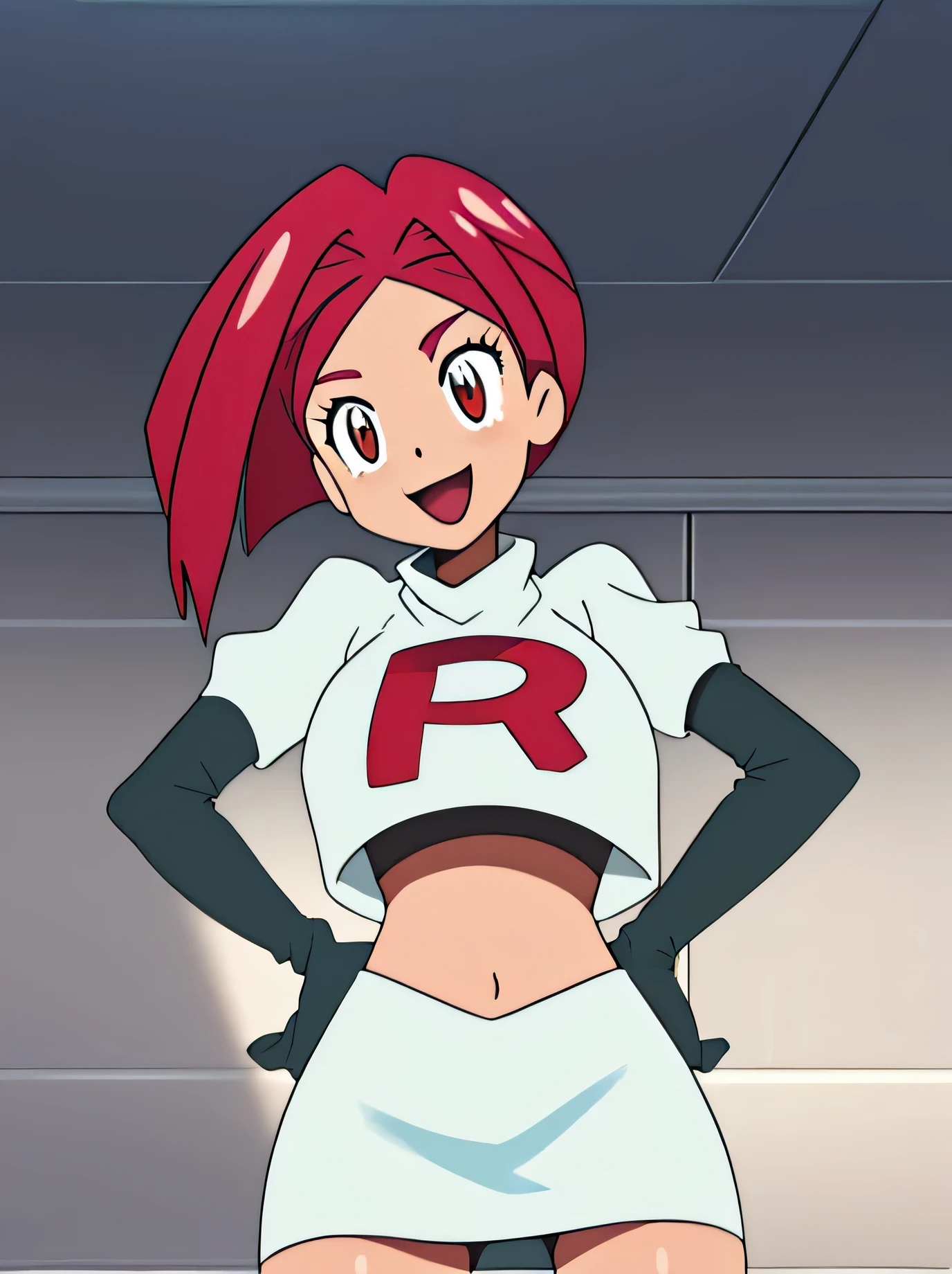 8k,1girl in, (solo:1.1), (perfect body:1.1), (best quality:1.1), very large breast, team rocket, team rocket uniform, red letter r, white skirt,white crop top,black thigh-high boots, black elbow gloves, smiling, looking down at viewer, hands on hips,zettai ryouiki,cowboy shot