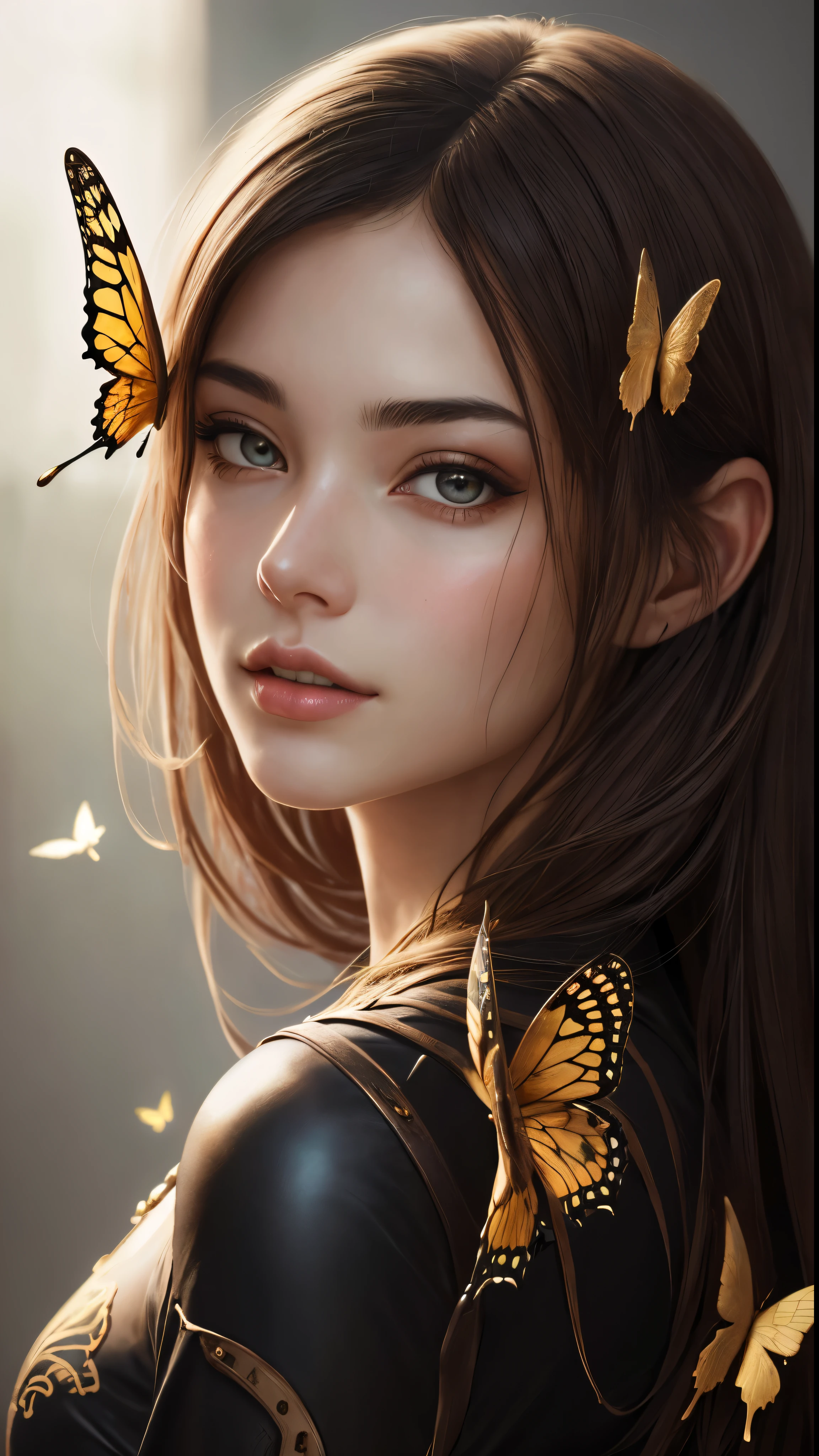 8k portrait of beautiful cyborg with brown hair, Complex, elegant, very detailed, majestic, digital photography, art germ、Ruan Jia、greg rutkowskiによるアート、surrealist painting、gold butterfly filigree, Broken Glass Star Fragment, side light, detailed and beautiful eyes: 1.2), HDR,