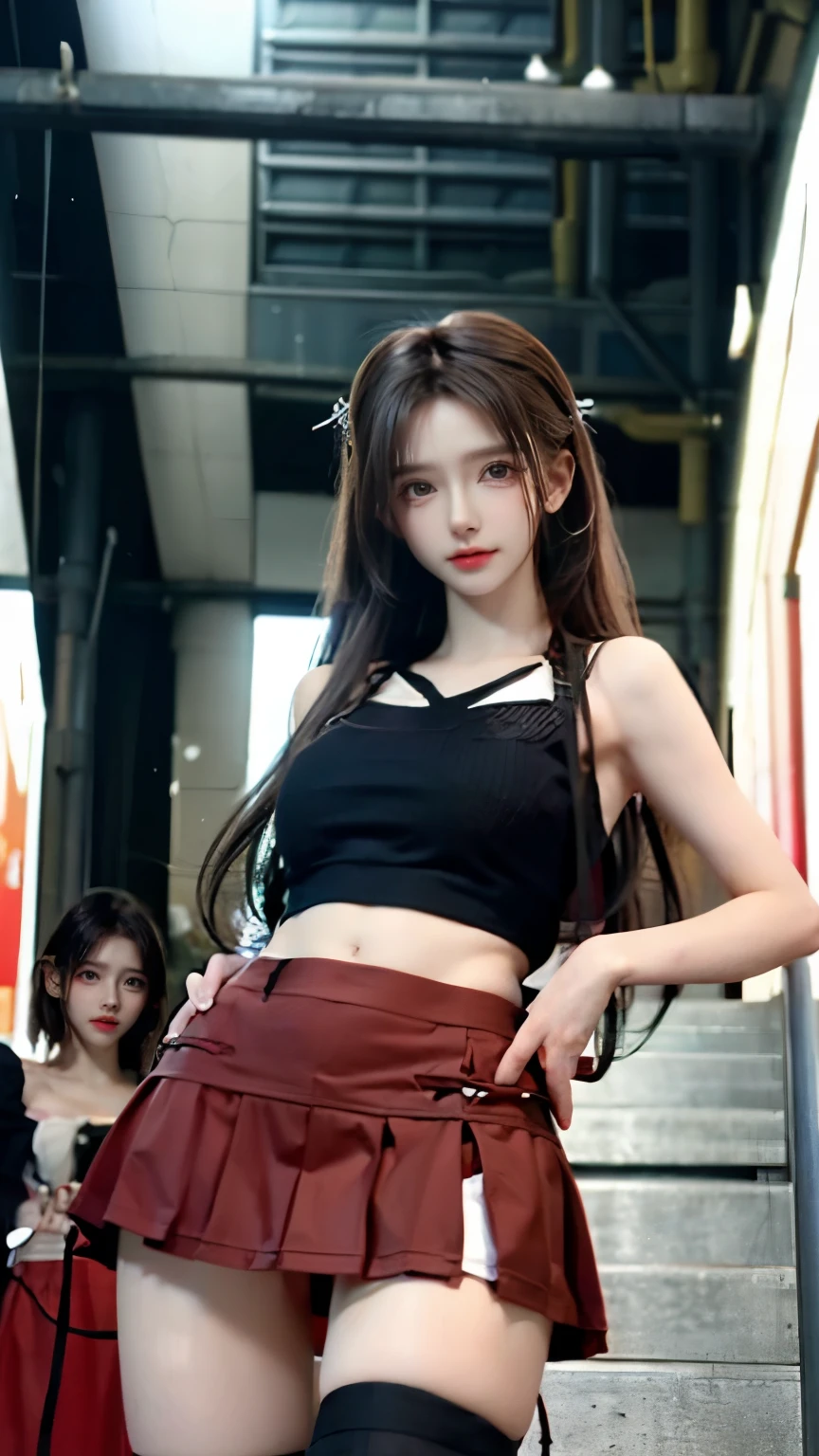 mini skirt,drawers,Supermodel、ta fashion,seen by a girl from below,underground tunnel background,Red stains on the girl&#39;s clothes,A girl with a superior expression