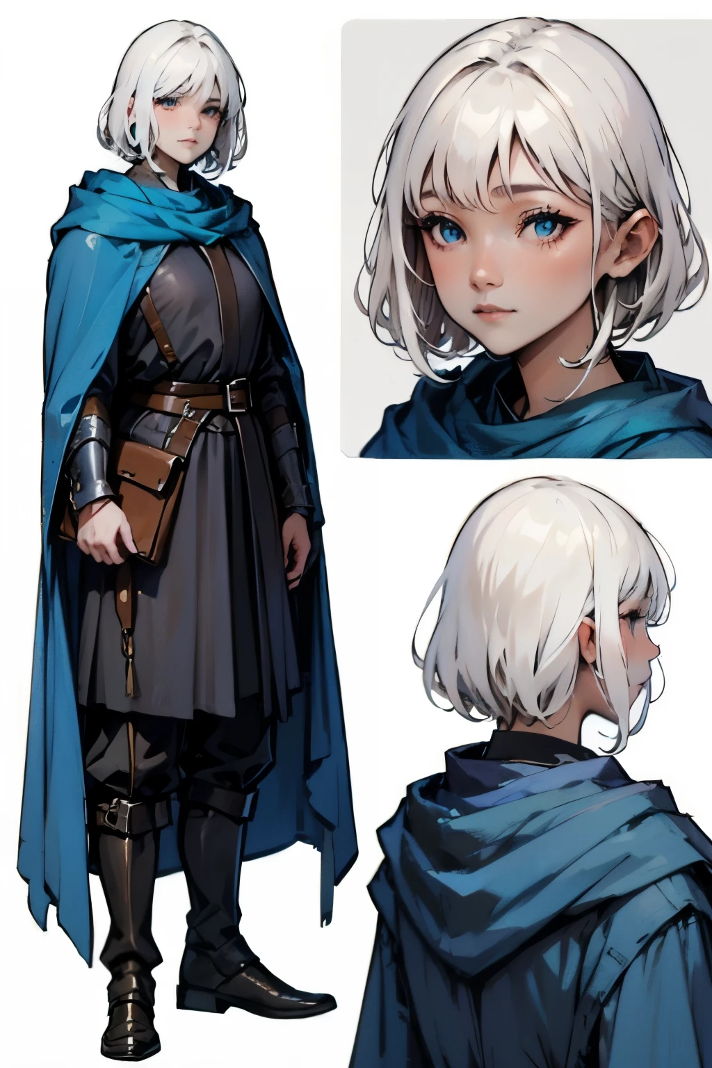 ((masterpiece)),(((best quality))),(character design sheet,same character,front,side,back),illustration,1 adult woman,(white hair), short haircut with bangs on one side,beautiful eyes, aristocrat, Environment change, pose too, magic, charturnbetalora, (simple background, white background: 1.3), clothing of a medieval battle (mage), blue cloak white bluse black pants