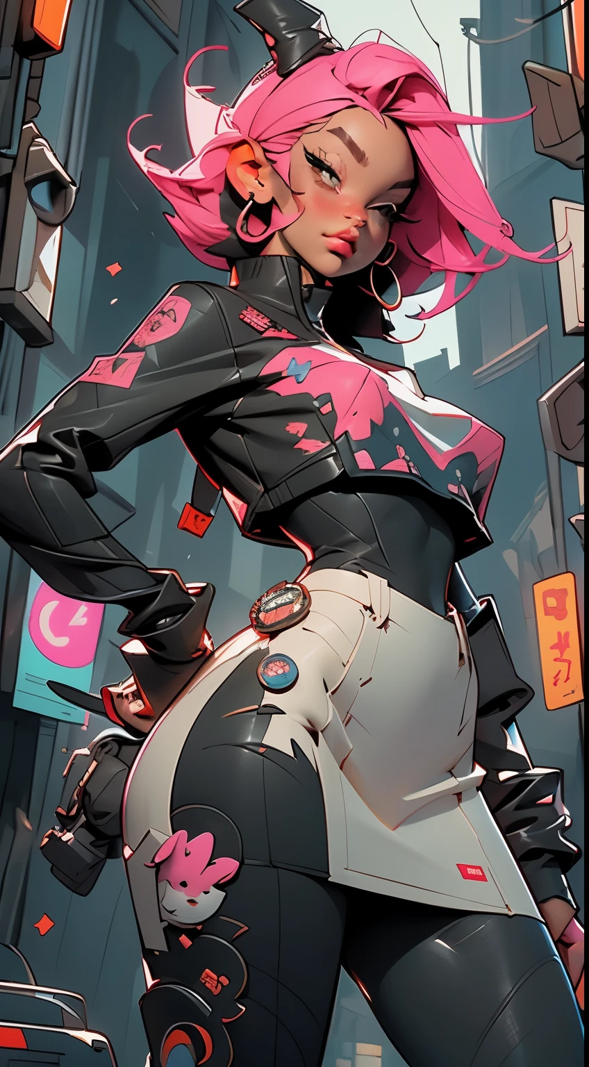 ((Very nice girl in full height)). With pink hair, posing in black and pink clothes with pink rhinoceros, tanned skin, dark skin, seductive - hot stripper, very sexy, modern style, comic book, cyberpunk, future, color fill, rich colors. Very graceful, stands half-turned, in a sporty pose, looking at the viewer. Tattoos on the body, fashionable short dresses and devices on the body. 2_Strip club, city of the future, evening city, lanterns, illumination. 3_High image quality, Full HD, cinematic comic, 3D visualization_in comic style - linear stroke, color fill, high-quality stroke - a masterpiece, TOP computer graphics ART. dark lighting, strong shadow. (vivid, anime, comic, creative, sharp focus, 8K). High detail of the drawing, lines, high-quality background (shades of cold tones, red, warm highlights, side lighting), Architecture, cyberpunk, futurism. Film grains, dust and particles in the air.