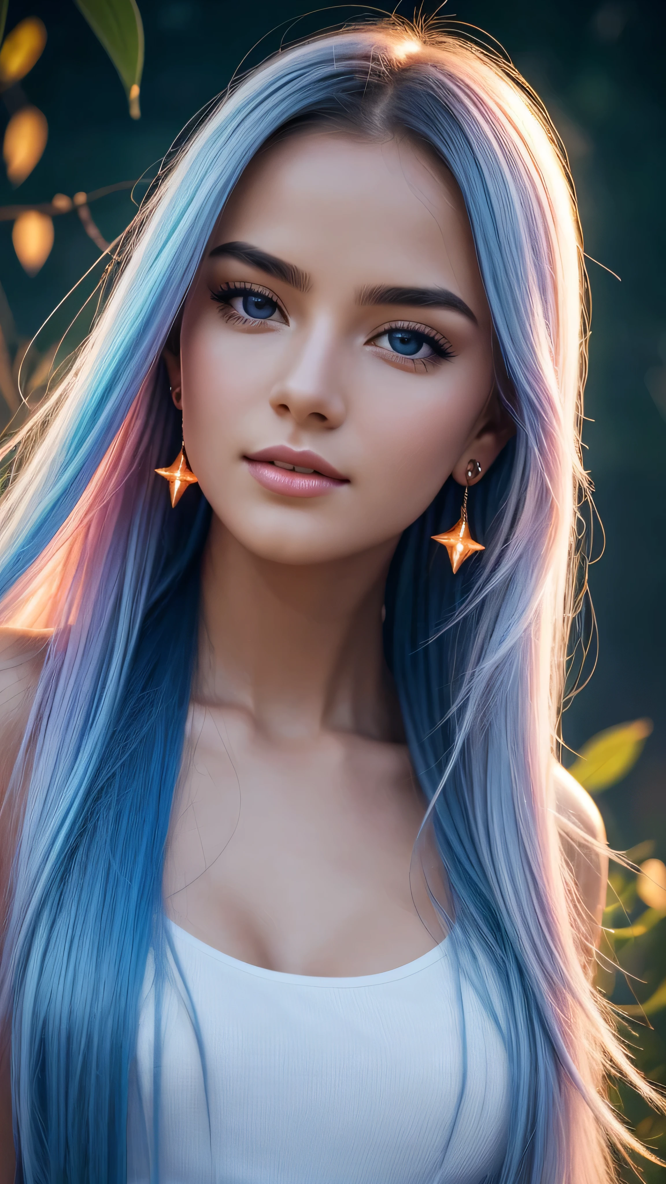 Beautiful realistic girl with BRIGHT WHITE-BLUE long hair ,Close-up of clean skin with detailed skin ,full length,in a short miniskirt,on an orange background ,Against the background of the starry sky,bright makeup,EARRINGS WITH GLITTERS,two-leaf gray flower,translucent speckled bifoliate gray,Bioluminescent - Ultra High Quality 8K Music Equalizer, High contrast, rich colors, soft light, Super detailed photos. ultra high quality 8K, High contrast, noise reduction, яркие rich colors.. high quality, 8K Ultra HD, High contrasthigh quality,мягкие close focus,very beautiful flower, translucent red lily of the valley with dew drop flower, bioluminescent flower glows and shimmers, he grows in a mysterious forest, shrouded in mystery, Сверхhigh quality 8k, High contrast, rich colors, soft light, Ultra-detailed photos. Сверхhigh quality 8k, High contrast, noise reduction, bright rich colors.. high quality, 8K Ultra HD, High contrast