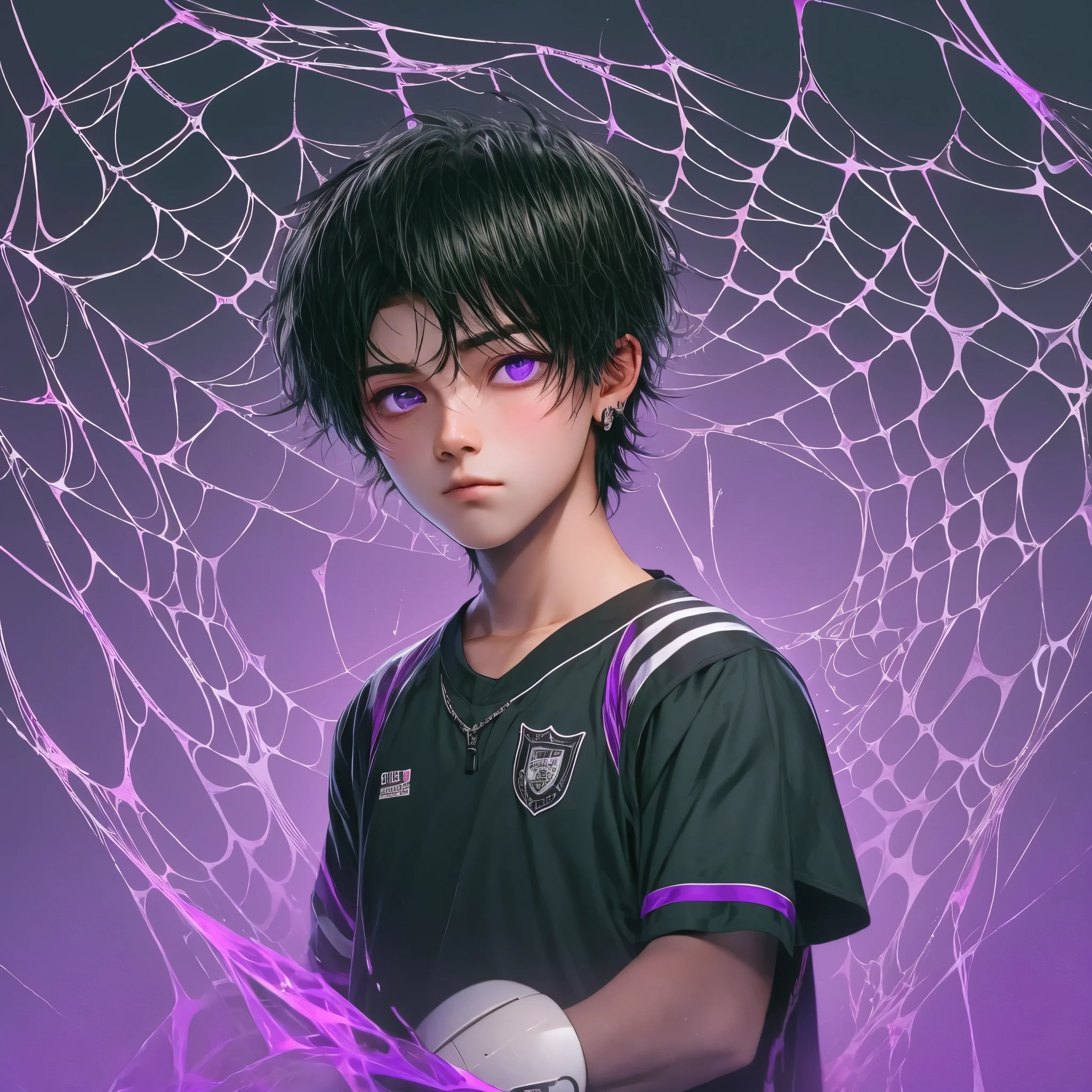 1boy, black hair, soccer uniform, purple eyes , very whiteskin , over spider web