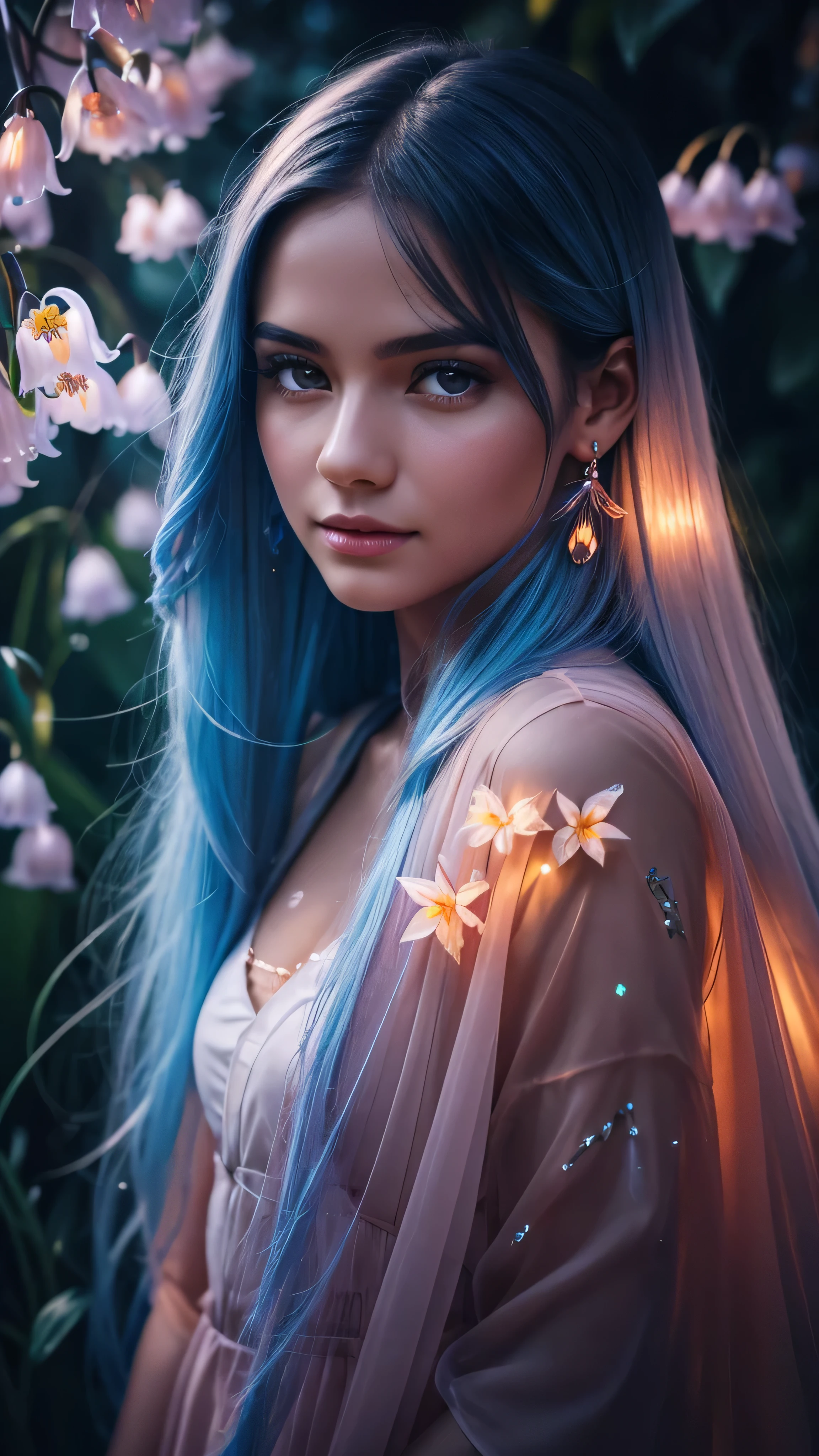 Beautiful realistic girl with BRIGHT WHITE-BLUE long hair ,Close-up of clean skin with detailed skin ,full length,in a short miniskirt,on an orange background ,Against the background of the starry sky,bright makeup,EARRINGS WITH GLITTERS,two-leaf gray flower,translucent speckled bifoliate gray,Bioluminescent - Ultra High Quality 8K Music Equalizer, High contrast, rich colors, soft light, Super detailed photos. ultra high quality 8K, High contrast, noise reduction, яркие rich colors.. high quality, 8K Ultra HD, High contrasthigh quality,мягкие close focus,very beautiful flower, translucent red lily of the valley with dew drop flower, bioluminescent flower glows and shimmers, he grows in a mysterious forest, shrouded in mystery, Сверхhigh quality 8k, High contrast, rich colors, soft light, Ultra-detailed photos. Сверхhigh quality 8k, High contrast, noise reduction, bright rich colors.. high quality, 8K Ultra HD, High contrast