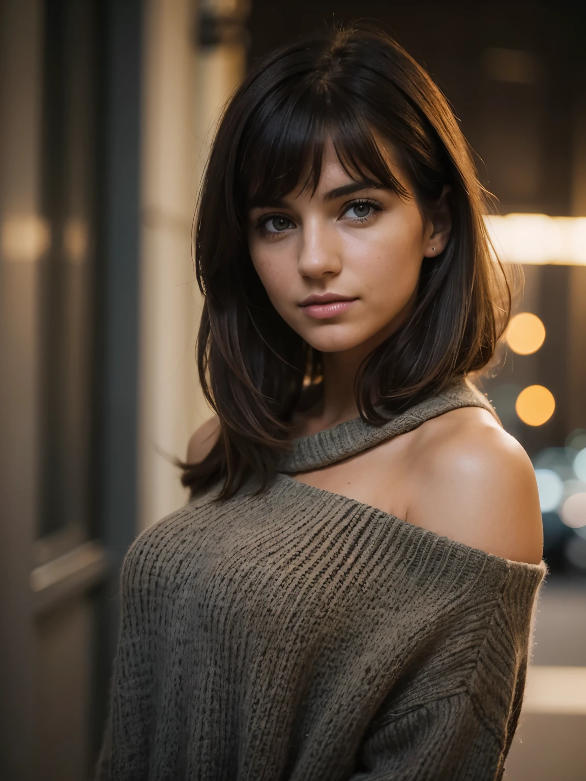 (((Anna Van der Vaart))), RAW photo, beautiful 26 y.o woman, cute face, very hot, wonderful goddess, shoulder-length black hair, bangs in front, brown eyes, black sweather, Nikon D850 Film Stock Photographie 4 Kodak 400 Appareil photo F1.6 colors rich lenses realistic texture