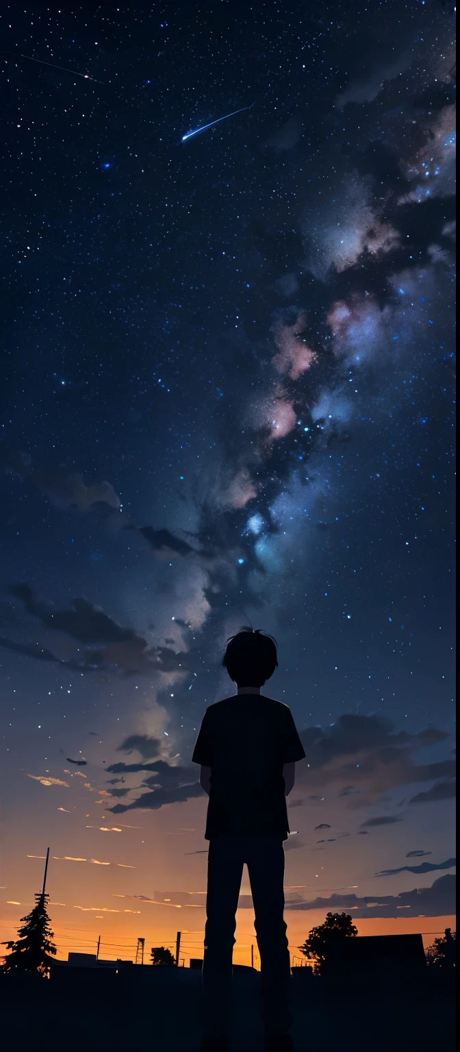 octans, sky, star (sky), scenery, starry sky, night, 1boy, night sky, solo, outdoors, building, cloud, milky way, sitting, tree, city, silhouette, cityscape